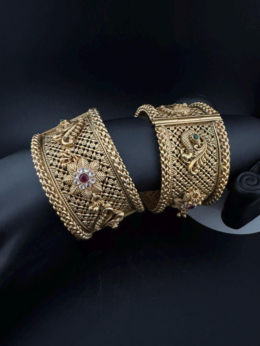 Amrapali inspired Designer bangles set, Openable Matt Gold Broad bangle set size-2.4"