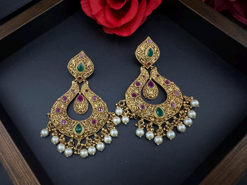 Amrapali inspired Premium Ruby and Green Pachi kundan Chand Bali in Matt Gold and Pearls designer Chandelier