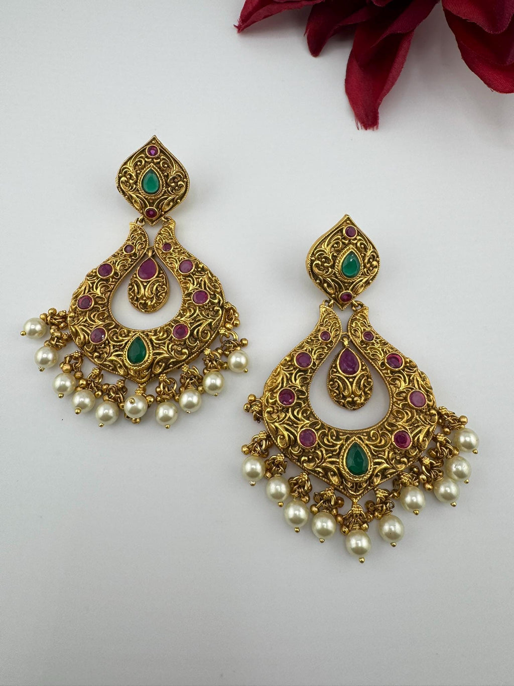 Amrapali inspired Premium Ruby and Green Pachi kundan Chand Bali in Matt Gold and Pearls designer Chandelier