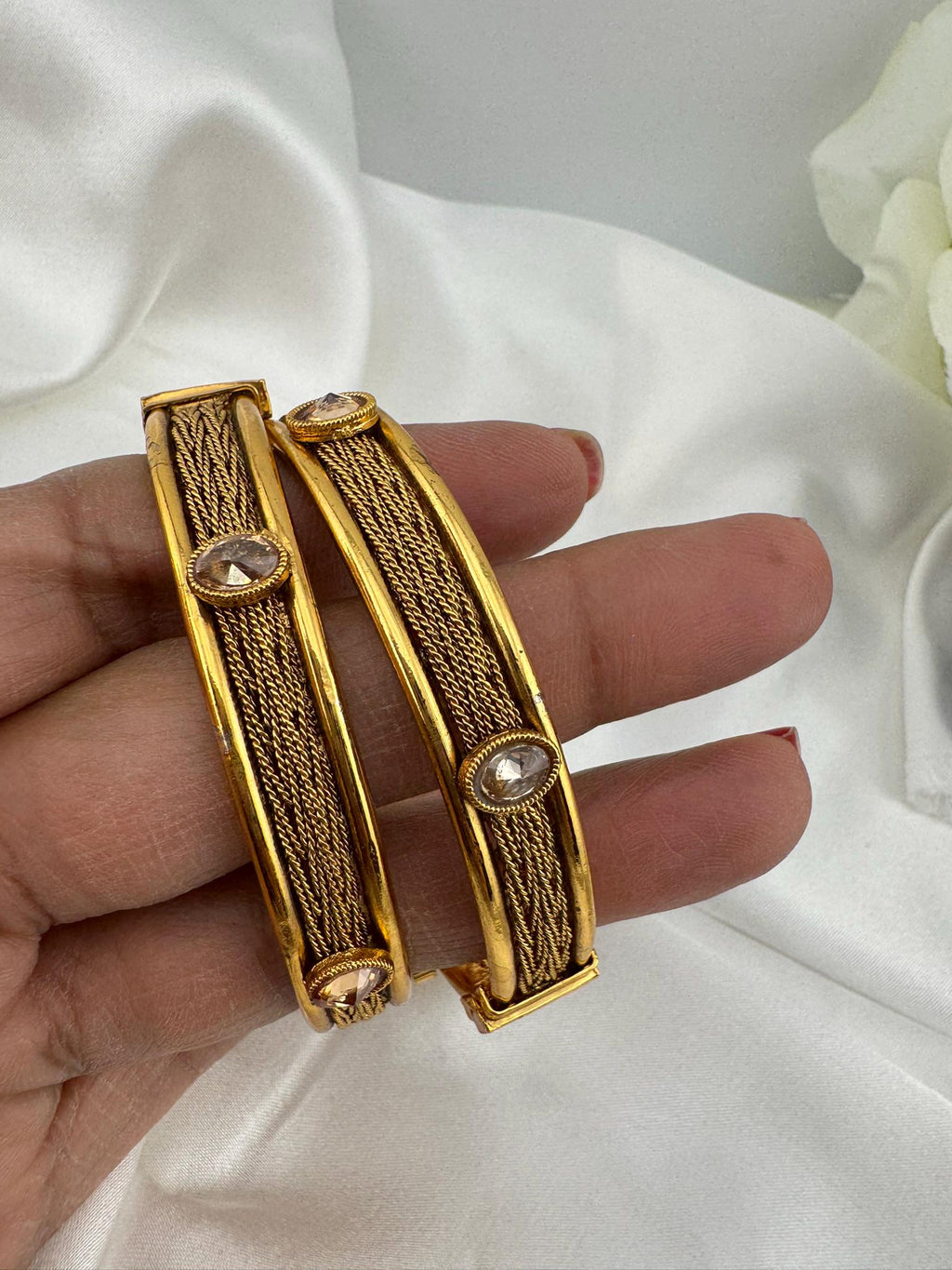 Amrapali inspired Designer Openable bangles in Matt Gold and stones, set of 2