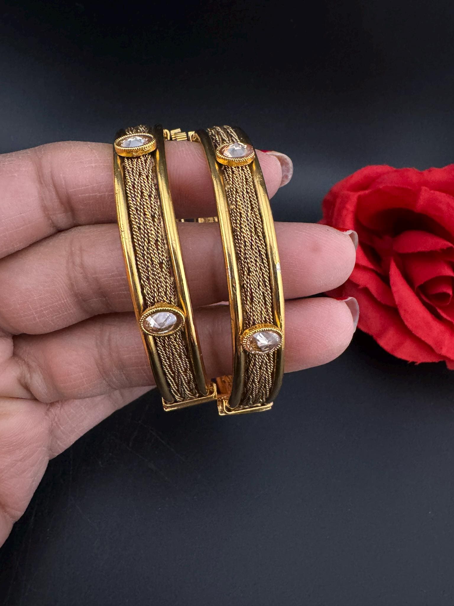 Amrapali inspired Designer Openable bangles in Matt Gold and stones, set of 2