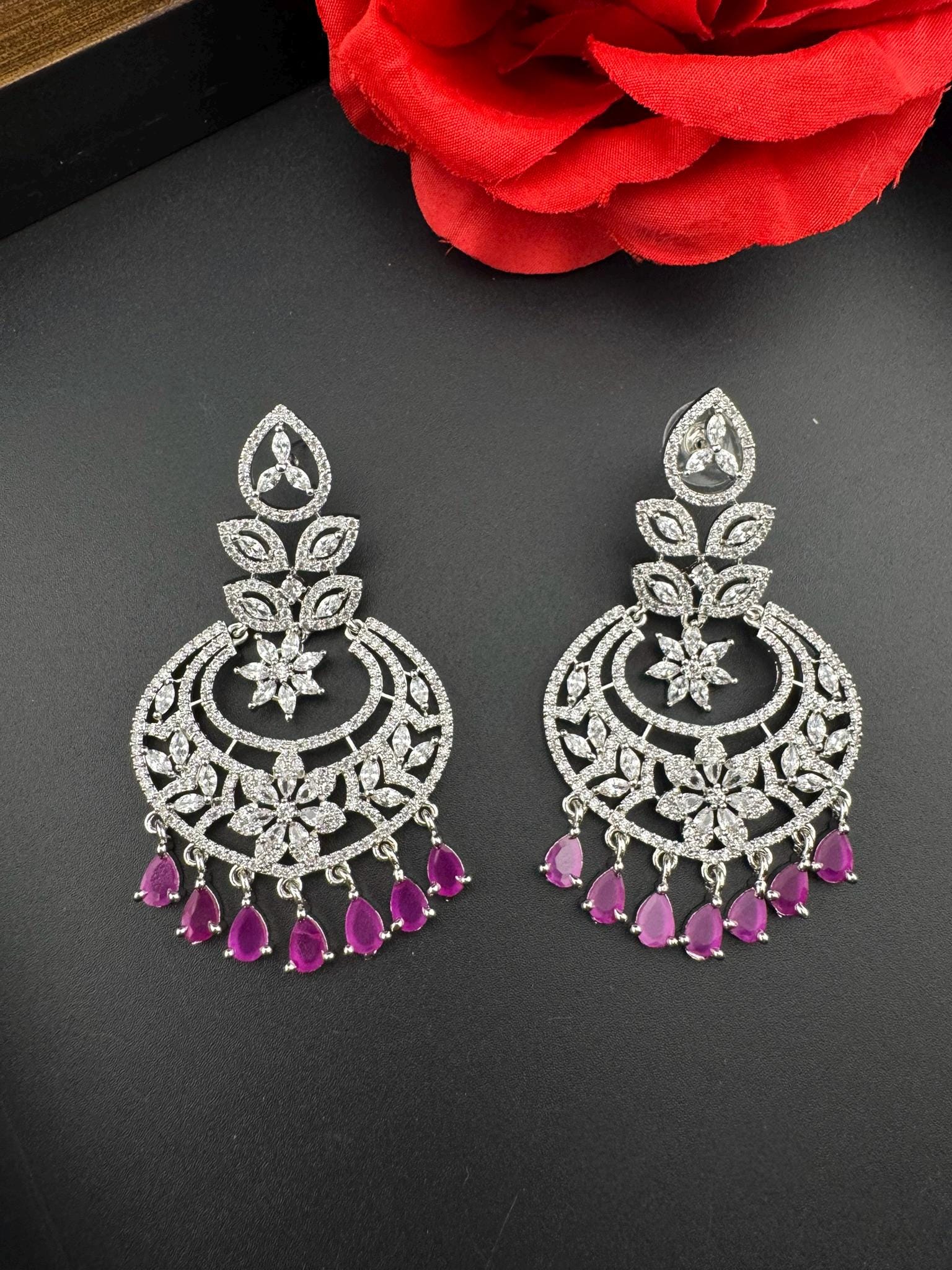 Premium Cubic Zirconia Chandelier chandbali earrings in Crystal stones in silver polish, Long earrings