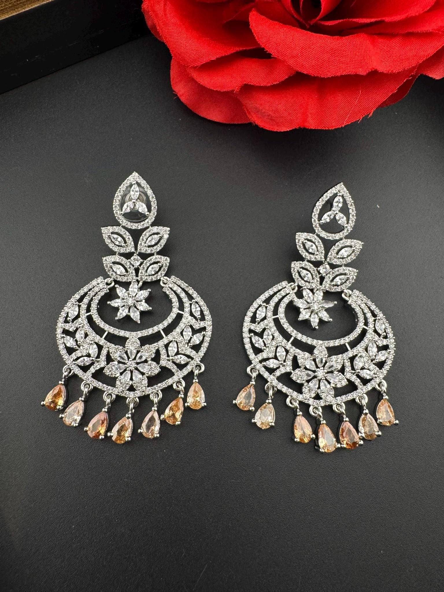 Premium Cubic Zirconia Chandelier chandbali earrings in Crystal stones in silver polish, Long earrings