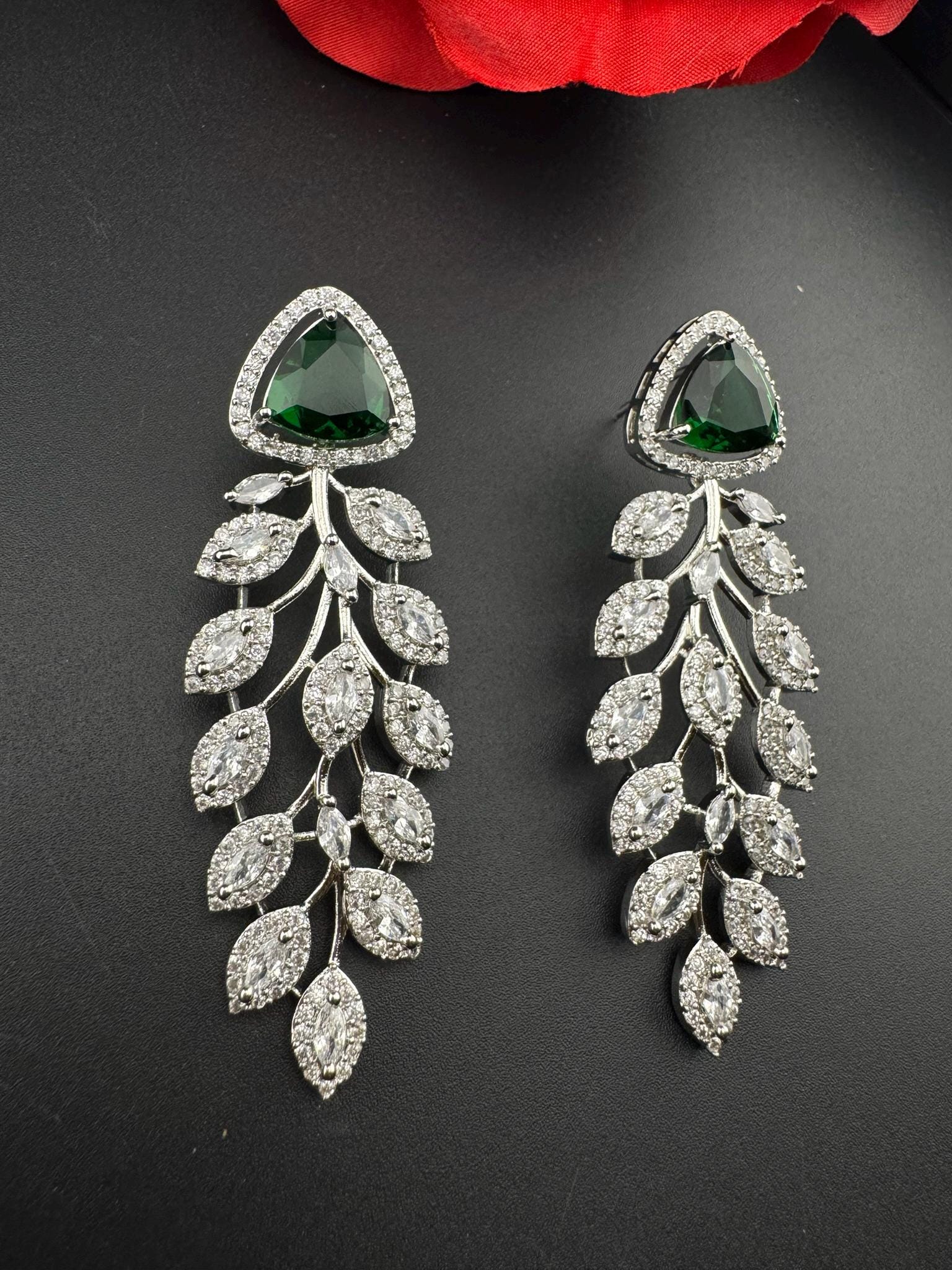 Leaf style Premium Cubic Zirconia, Crystal, Natural stone in silver color Long earrings