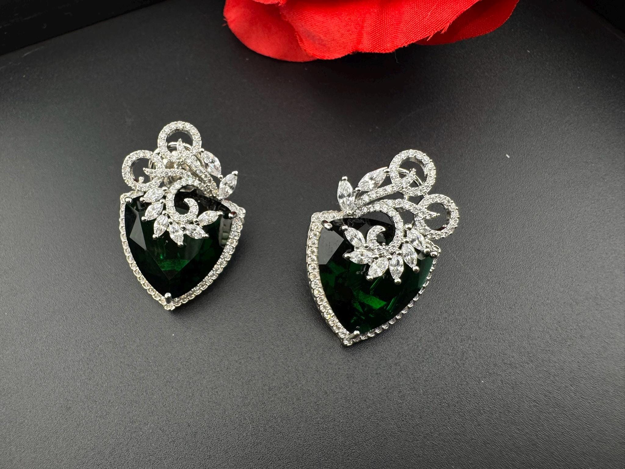 Premium Cubic Zirconia and Crystal stone in silver Polish Statement Studs earrings