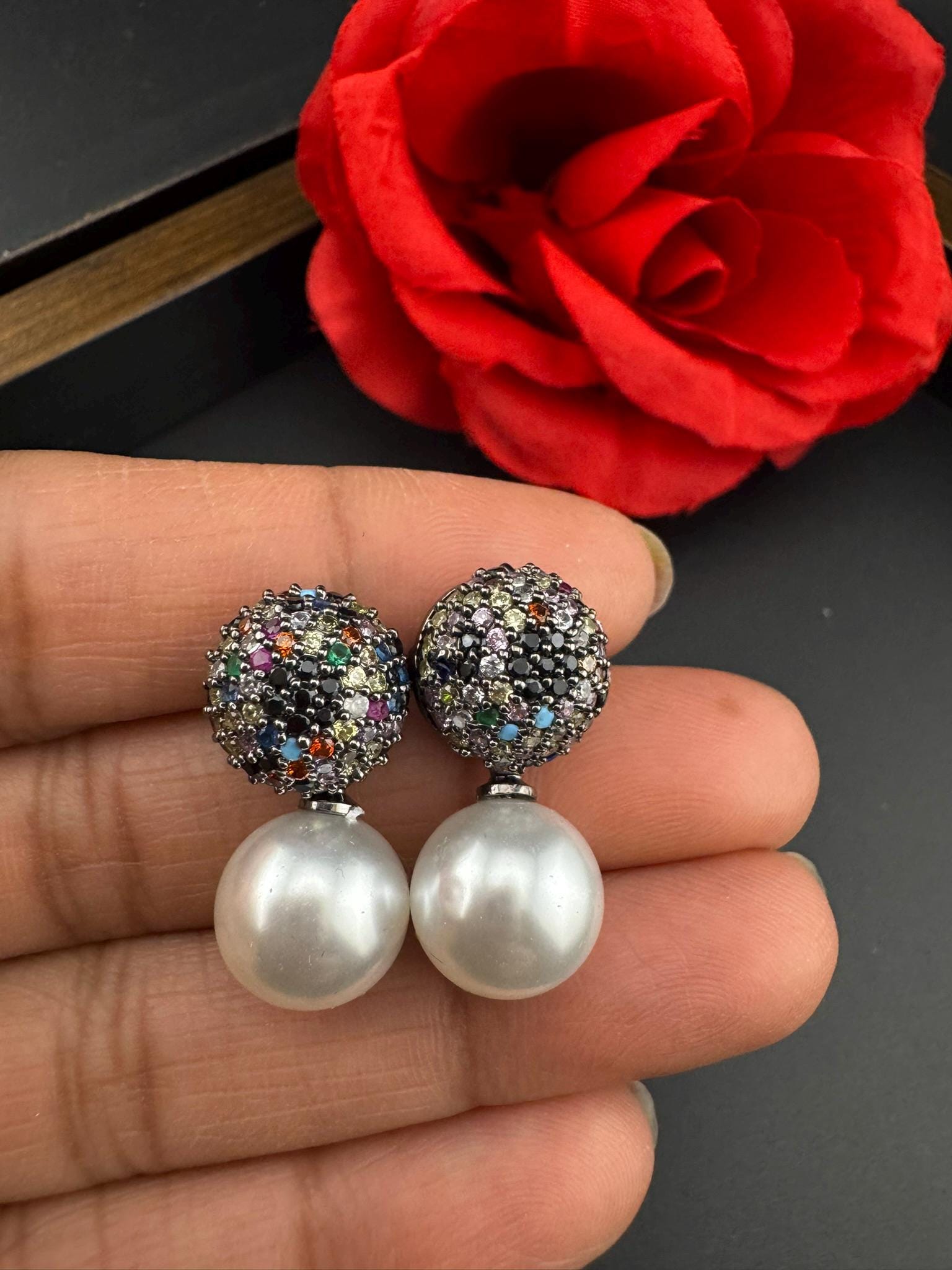 Premium Nano setting Cubic Zirconia and Pearl Victorian Pearl Drop earrings