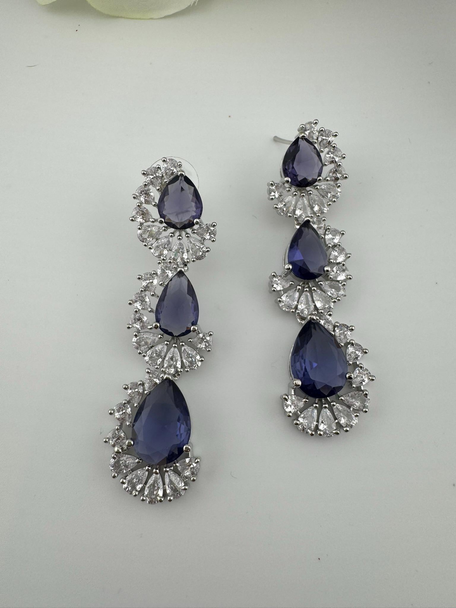 Premium Cubic Zirconia and Crystal stone in silver color Statement Long earrings
