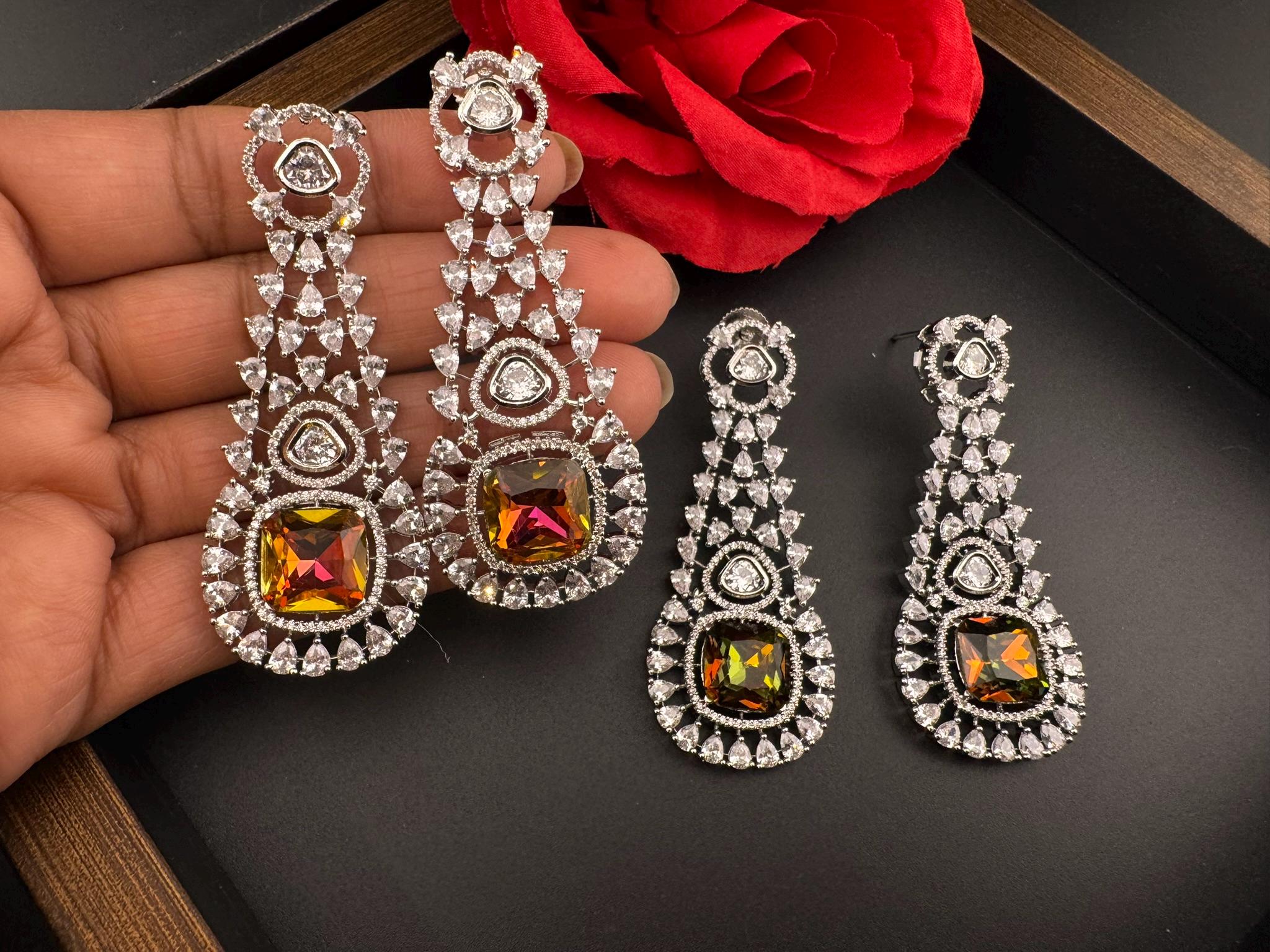 Premium Long Earring with Swarovski Crystals and Cubic Zirconia Chandelier earrings