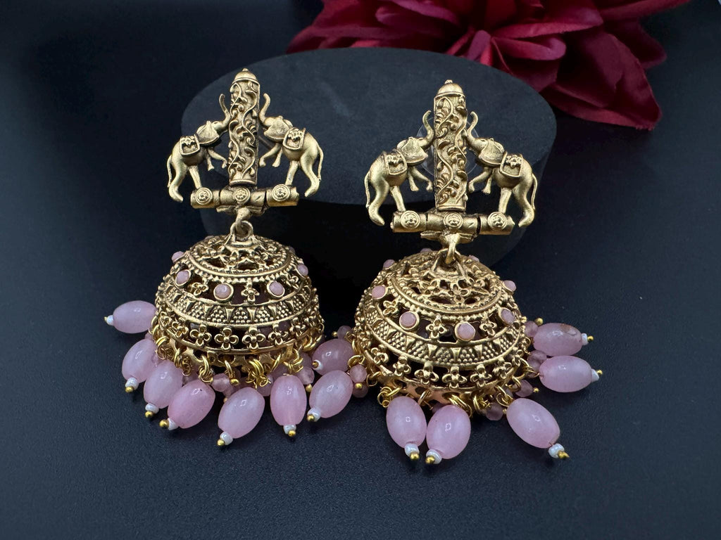 Amrapali inspired Premium Pink stones and pearls jhumka, Matt Gold designer earrings