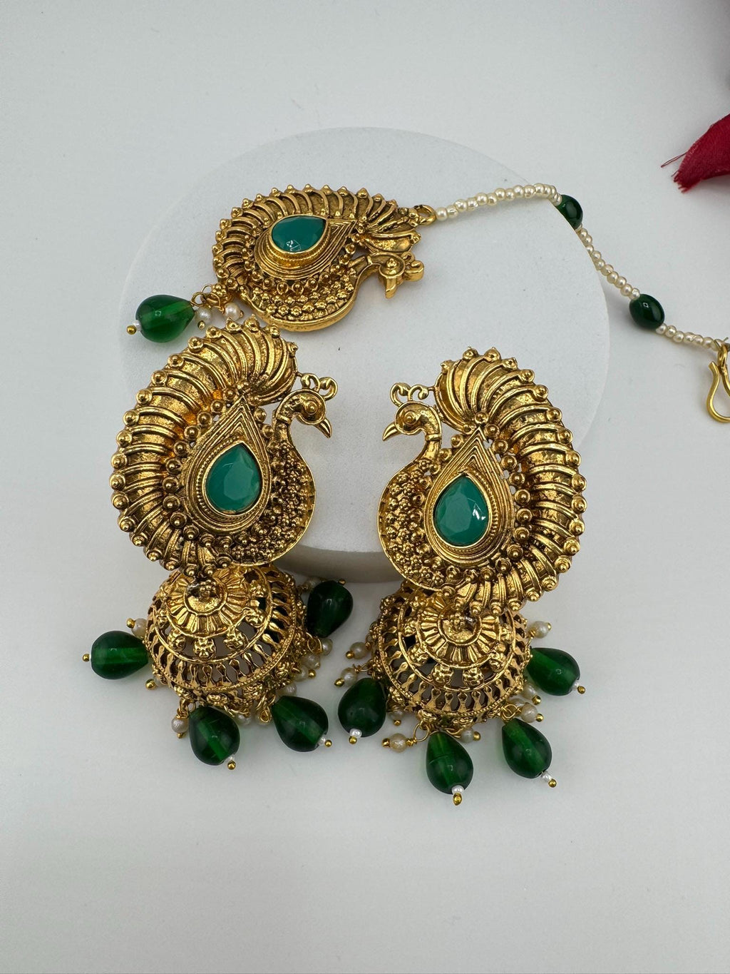 Amrapali inspired Premium Green stones and pearls jhumka, Matt Gold designer earrings