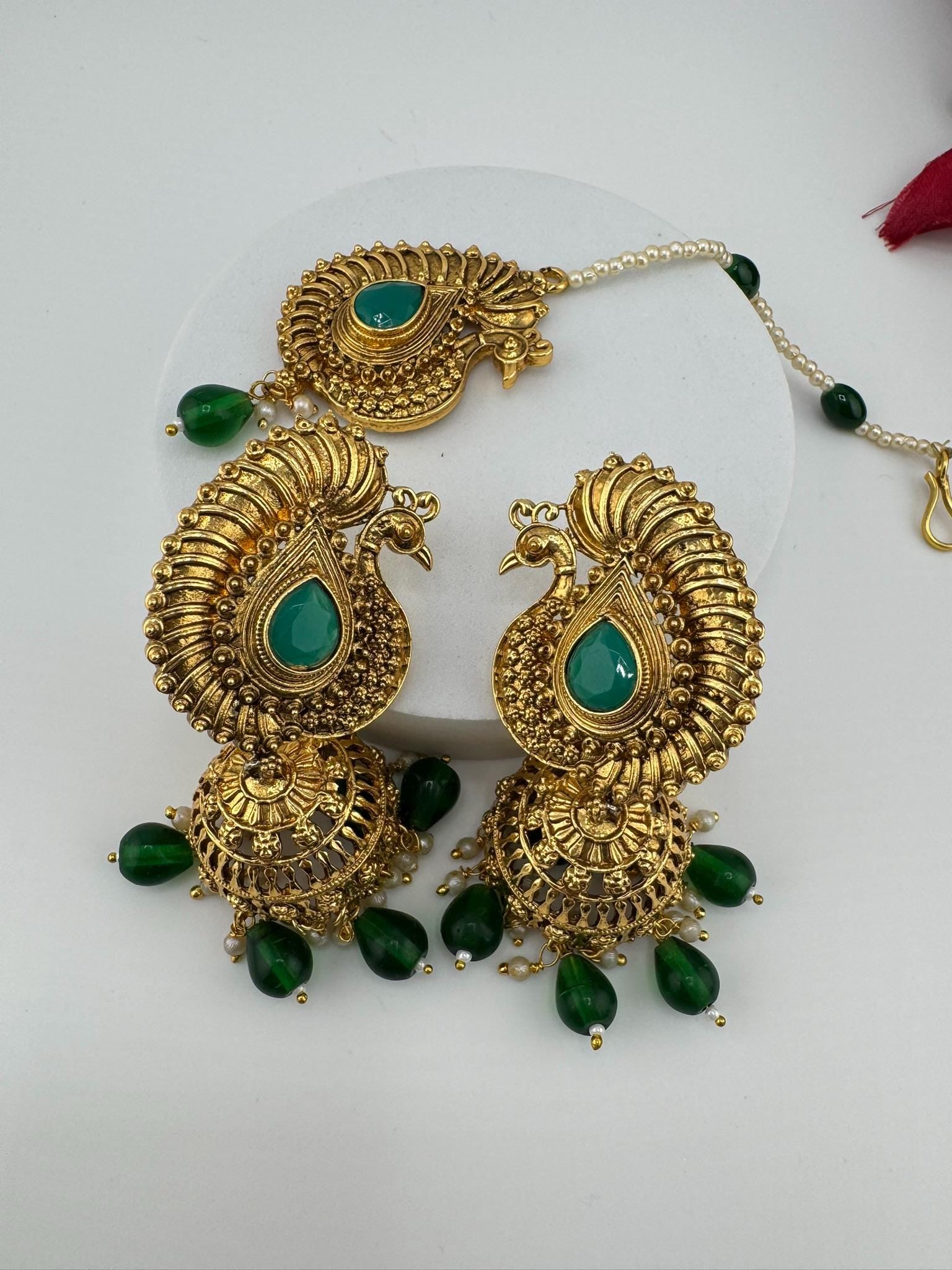 Amrapali inspired Premium Green stones and pearls jhumka, Matt Gold designer earrings