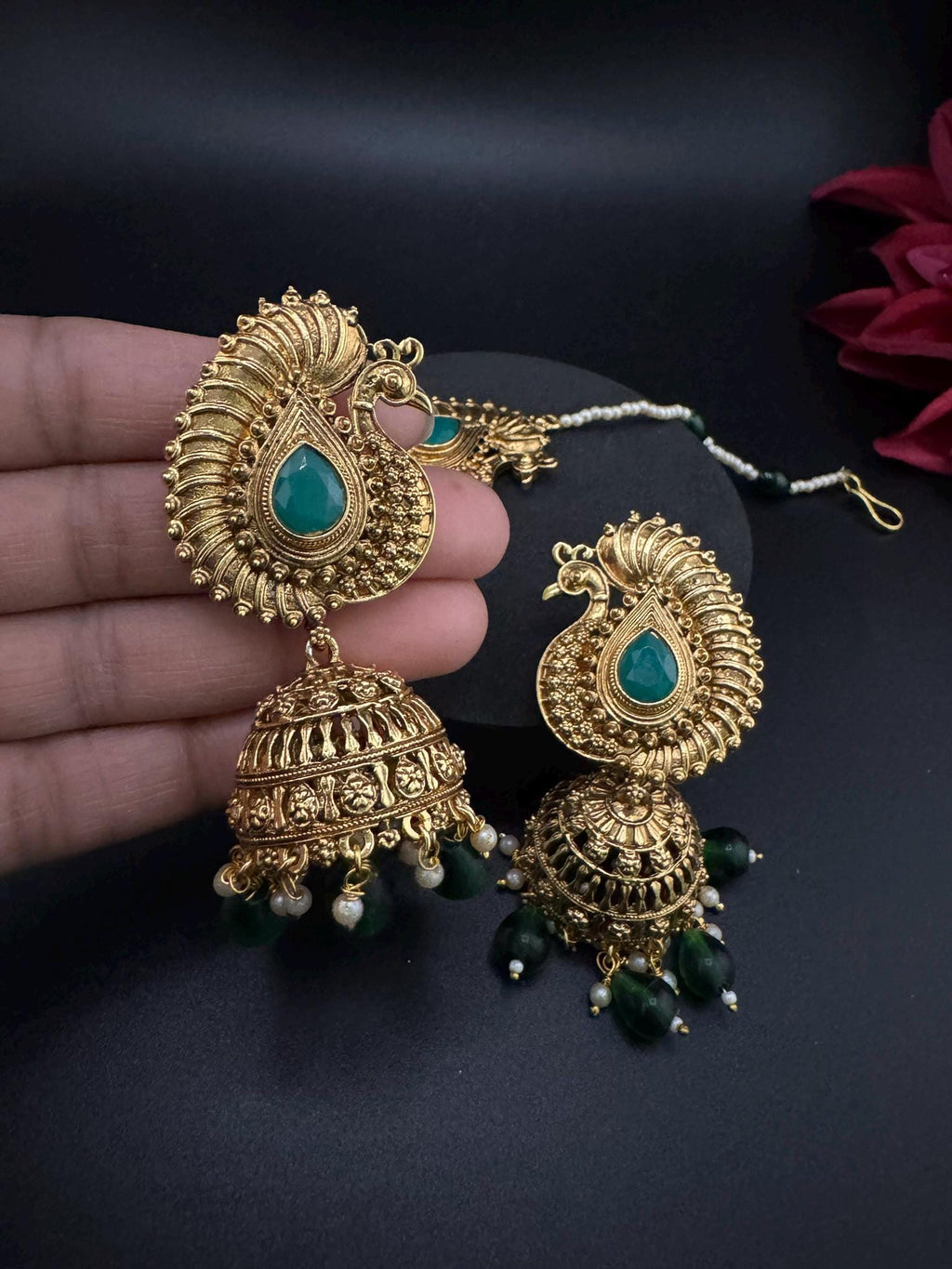 Amrapali inspired Premium Green stones and pearls jhumka, Matt Gold designer earrings