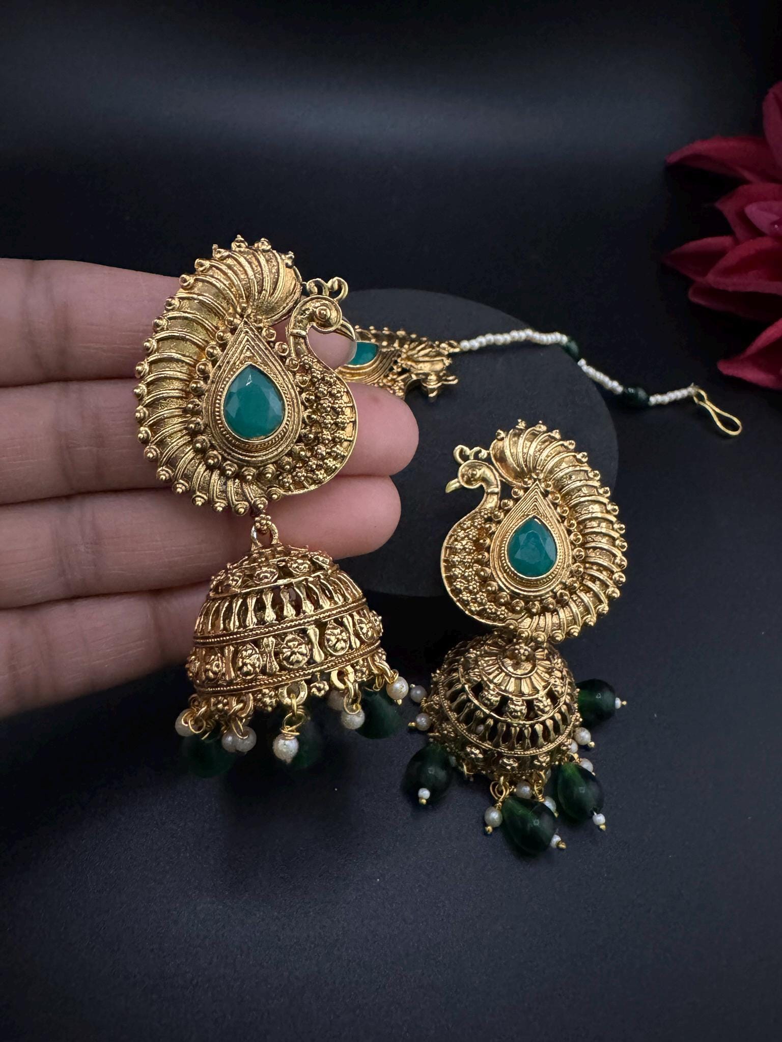 Amrapali inspired Premium Green stones and pearls jhumka, Matt Gold designer earrings