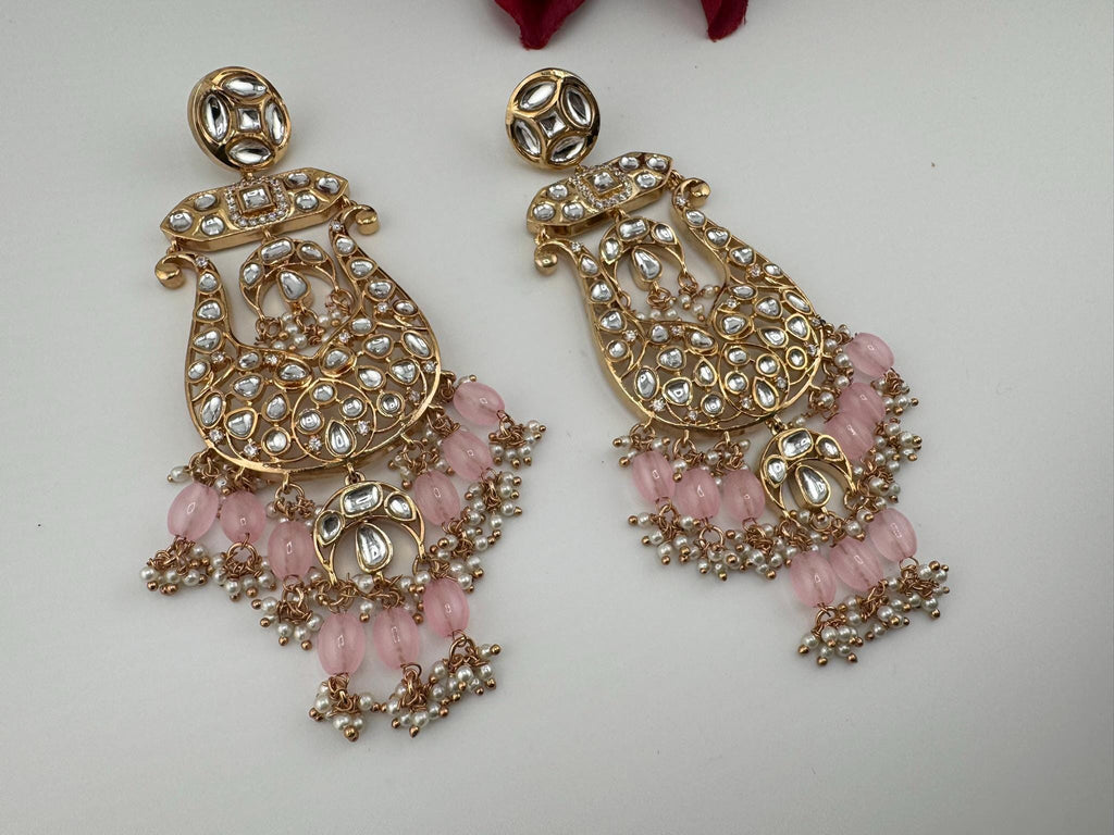 Tyaani inspired Premium Uncut Kundan, Pink Pearls, CZ  designer earrings/Long Chandelier earrings