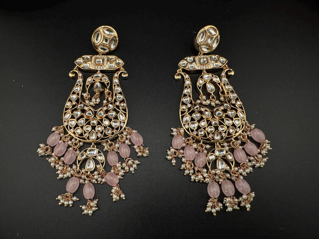 Tyaani inspired Premium Uncut Kundan, Pink Pearls, CZ  designer earrings/Long Chandelier earrings