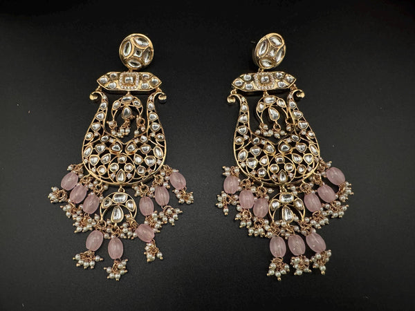Tyaani inspired Premium Uncut Kundan, Pink Pearls, CZdesigner earrings/Long Chandelier earrings