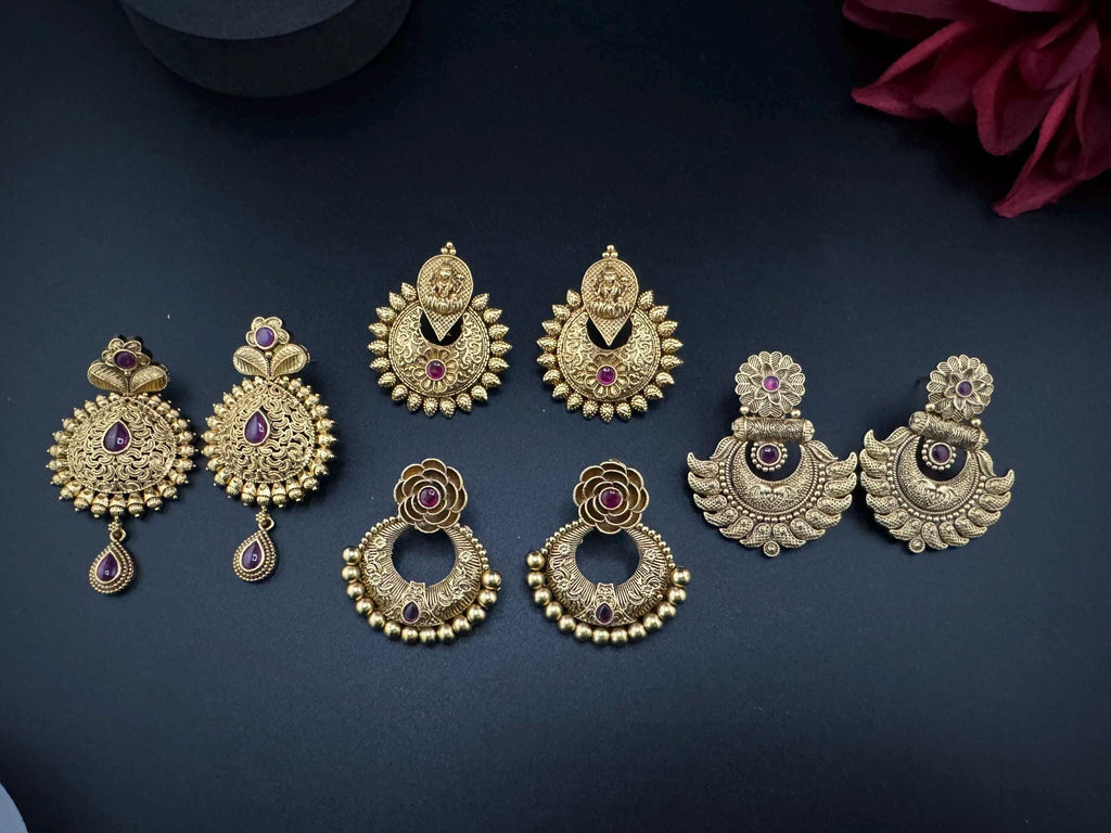 Premium Ruby and Pachi kundan Chand Bali in Matt Gold and Pearls is Amrapali inspired designer earrings