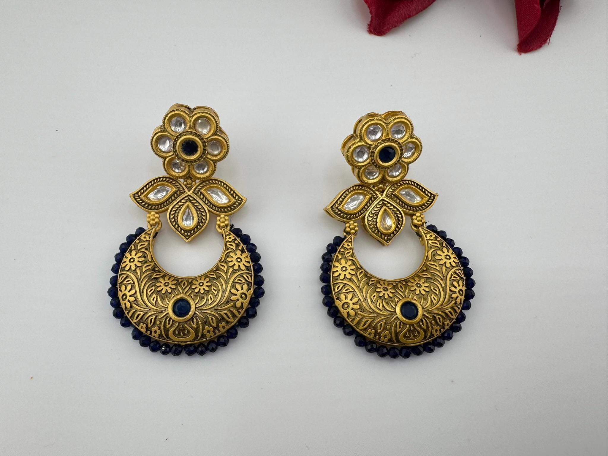 Premium kundan and Blue onyx beads Chand Bali in Matt Gold Amrapali inspired designer earrings