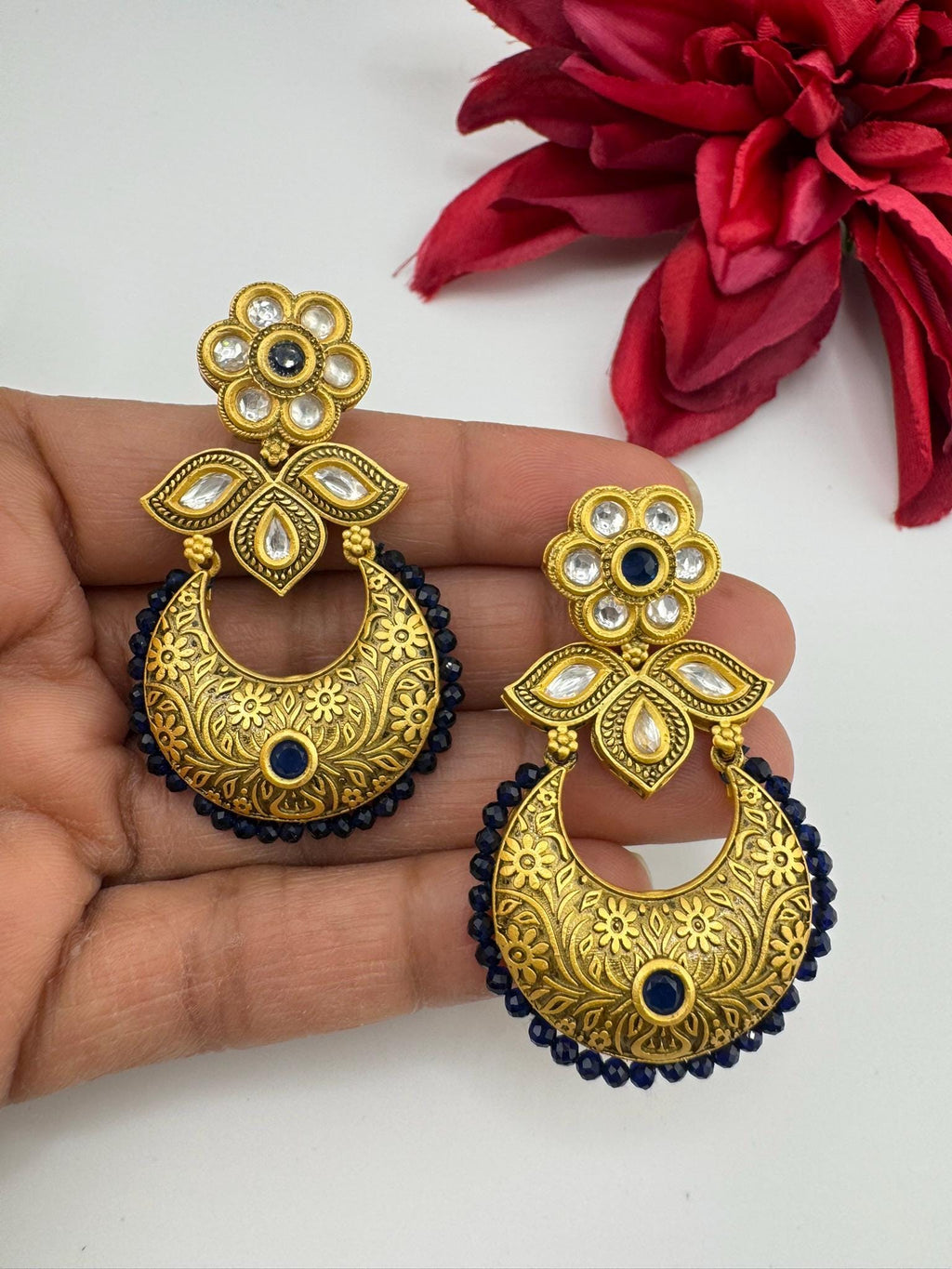 Premium kundan and Blue onyx beads Chand Bali in Matt Gold Amrapali inspired designer earrings