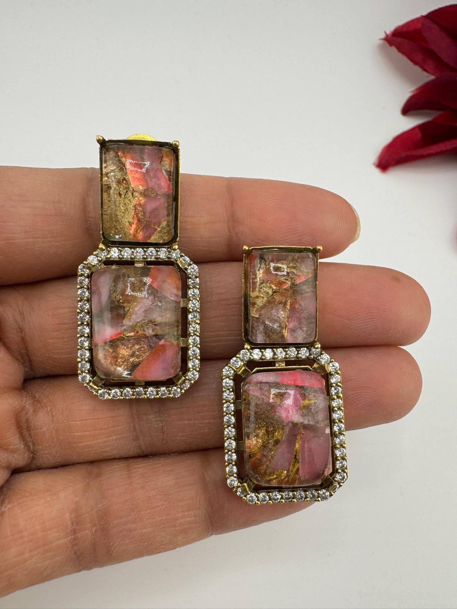 Premium Doublet Marble stone and Cubic Zirconia designer Drop earrings