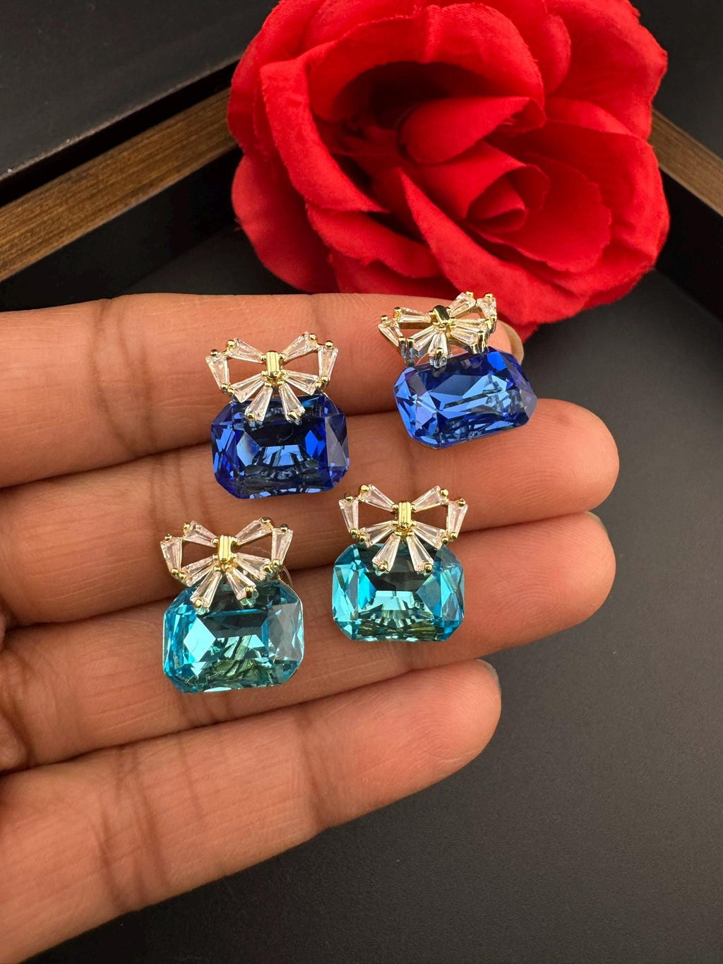 Premium Bow Cubic Zirconia and Swarovski Crystal stone in gold color Studs earrings