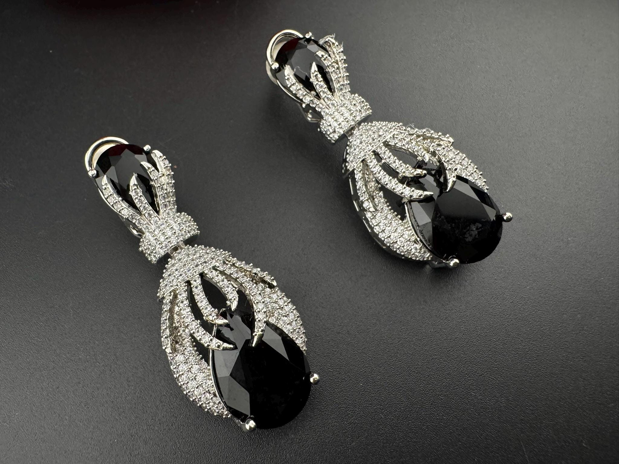 Premium Nano Setting Cubic Zirconia Chandelier earrings in Black stones in silver color is stylish designer Inspired Statement long earring