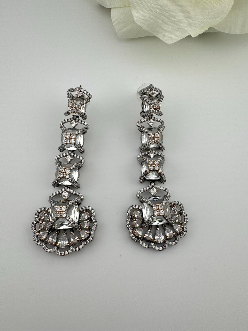 Premium Victorian Rose Gold Nano Setting Cubic Zirconia and Clear stones Long earrings