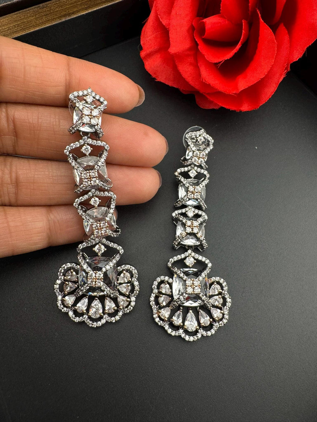 Premium Victorian Rose Gold Nano Setting Cubic Zirconia and Clear stones Long earrings