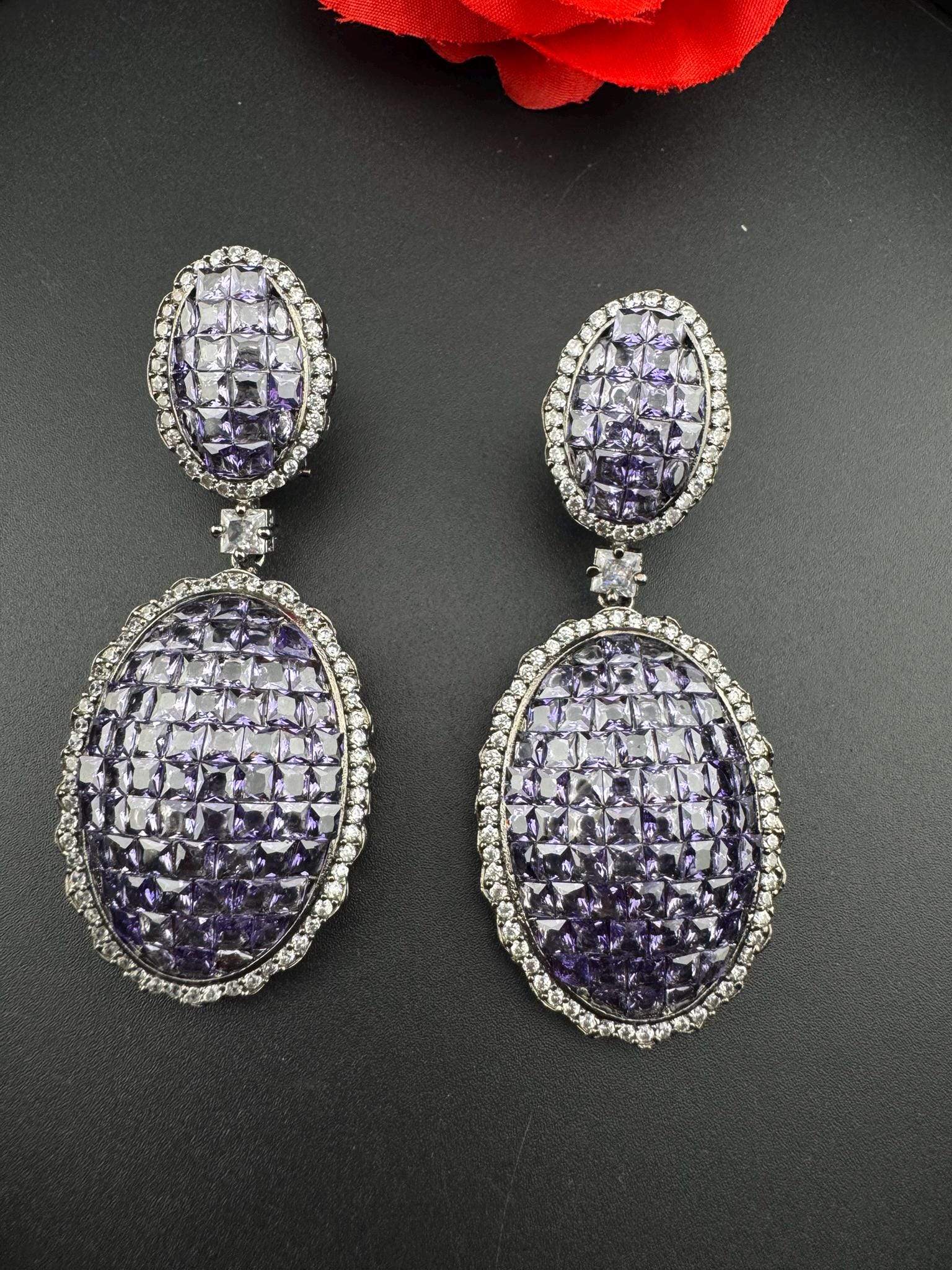 Premium Nano Setting Cubic Zirconia, Lavender Crystal stones in Unique setting is Victorian stylish designer Inspired Statement long earring