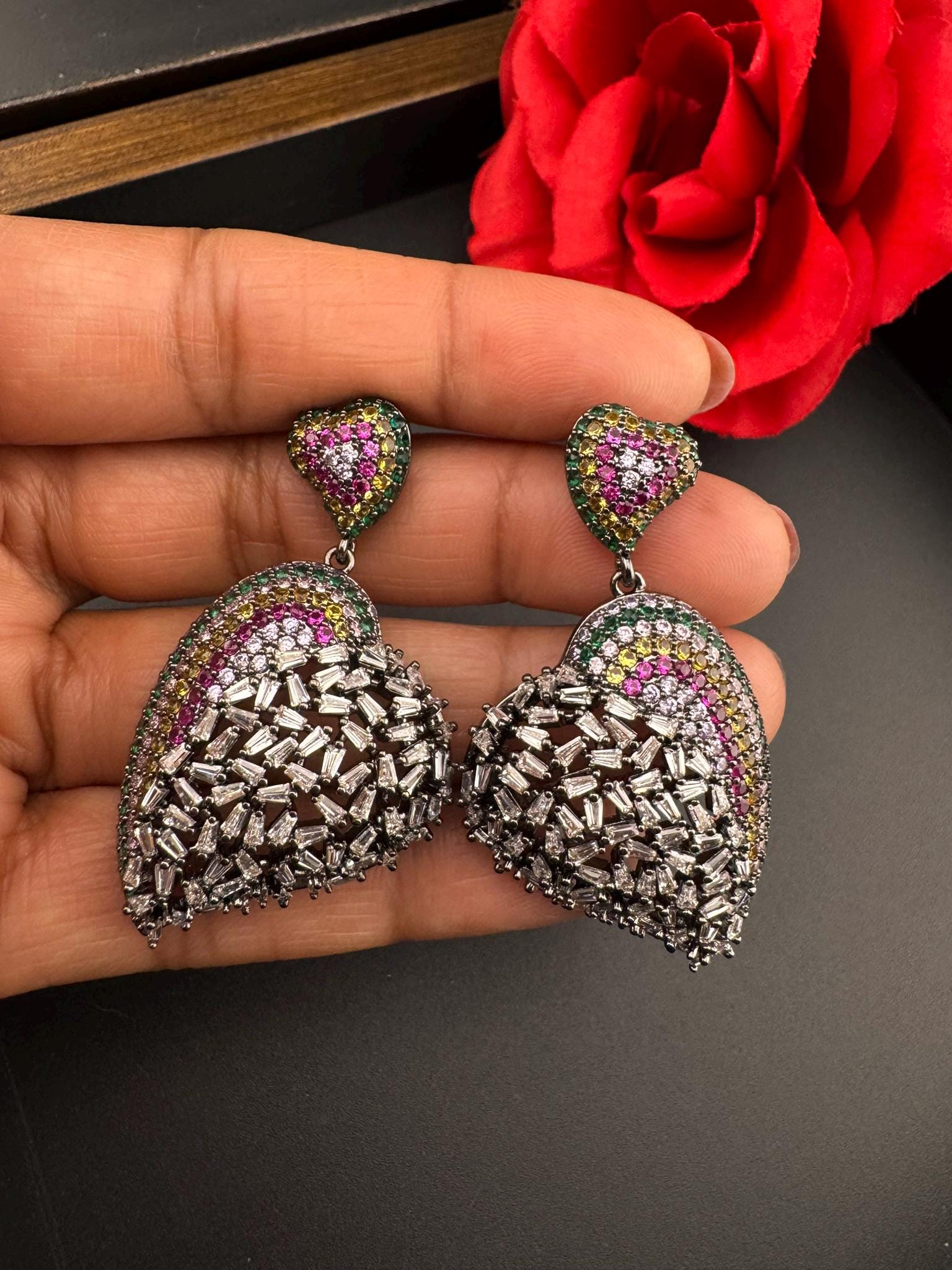 Premium Nano Setting Multicolor Cubic Zirconia, Crystal stones in Unique setting is Victorian designer Inspired Statement Heart earrings