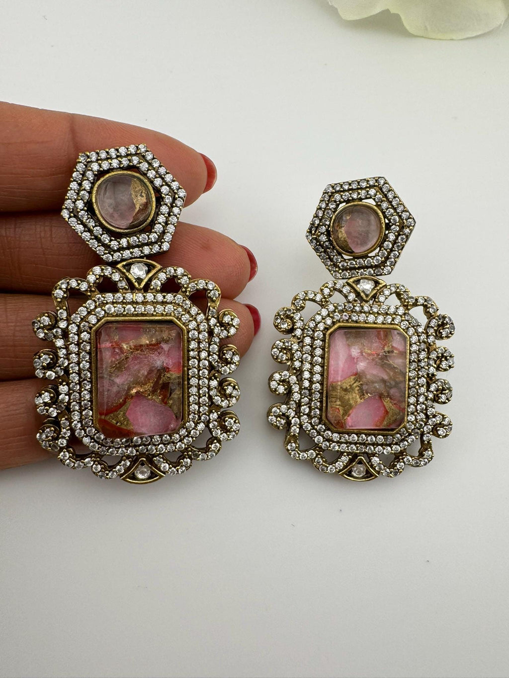 Premium Drop earrings with Marble Doublet stone and cubic zirconia, Gold polish