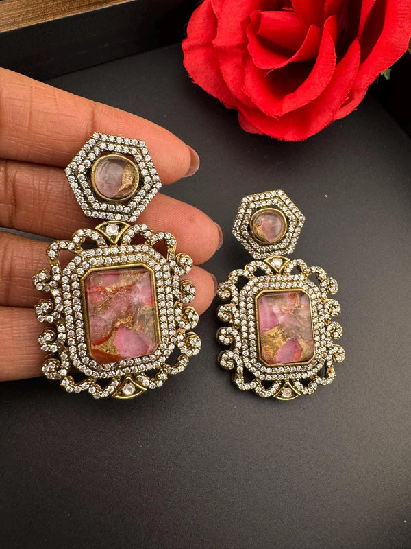 Premium Drop earrings with Marble Doublet stone and cubic zirconia, Gold polish