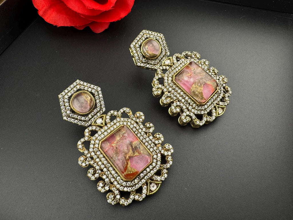 Premium Drop earrings with Marble Doublet stone and cubic zirconia, Gold polish