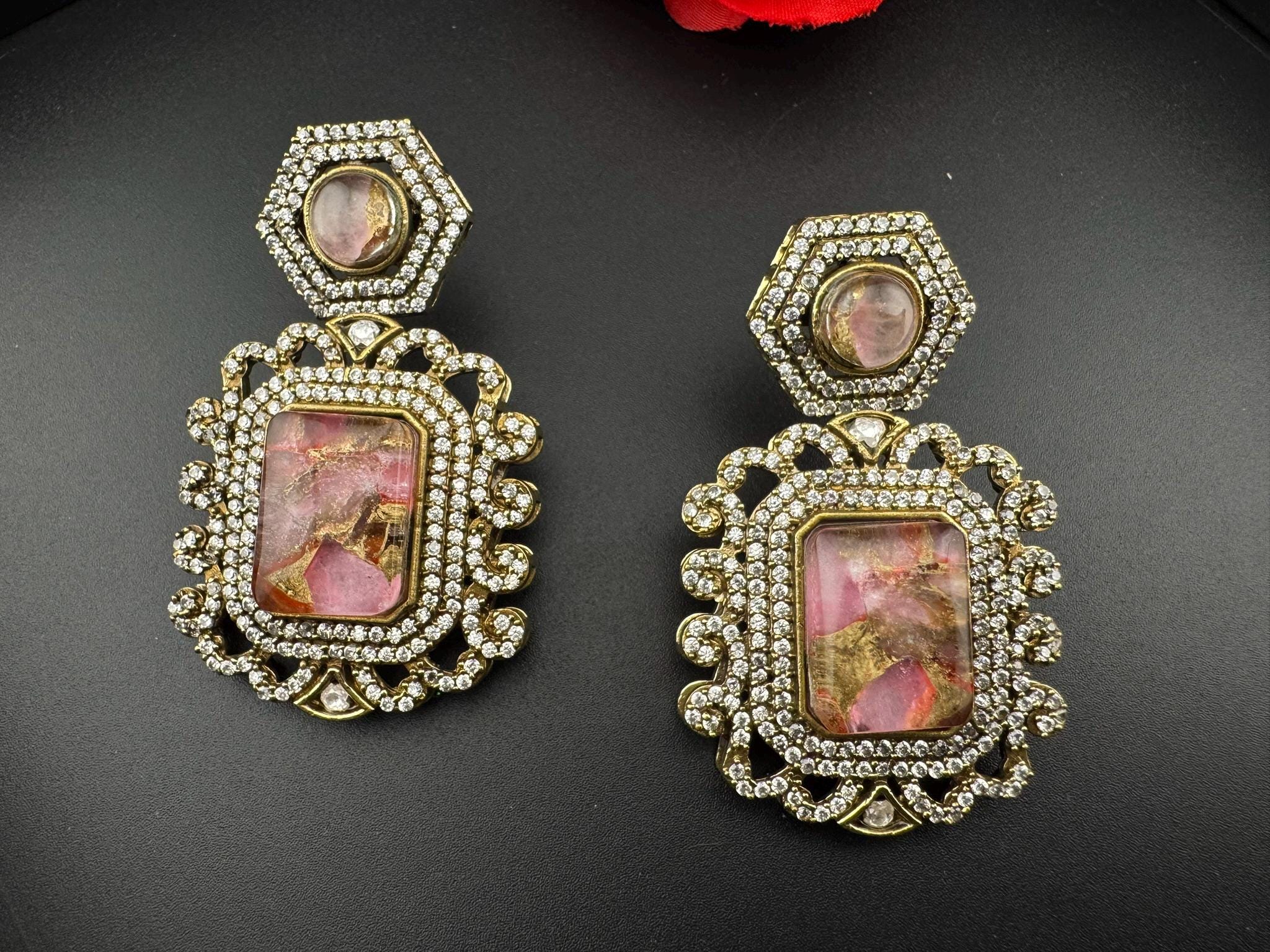 Premium Drop earrings with Marble Doublet stone and cubic zirconia, Gold polish
