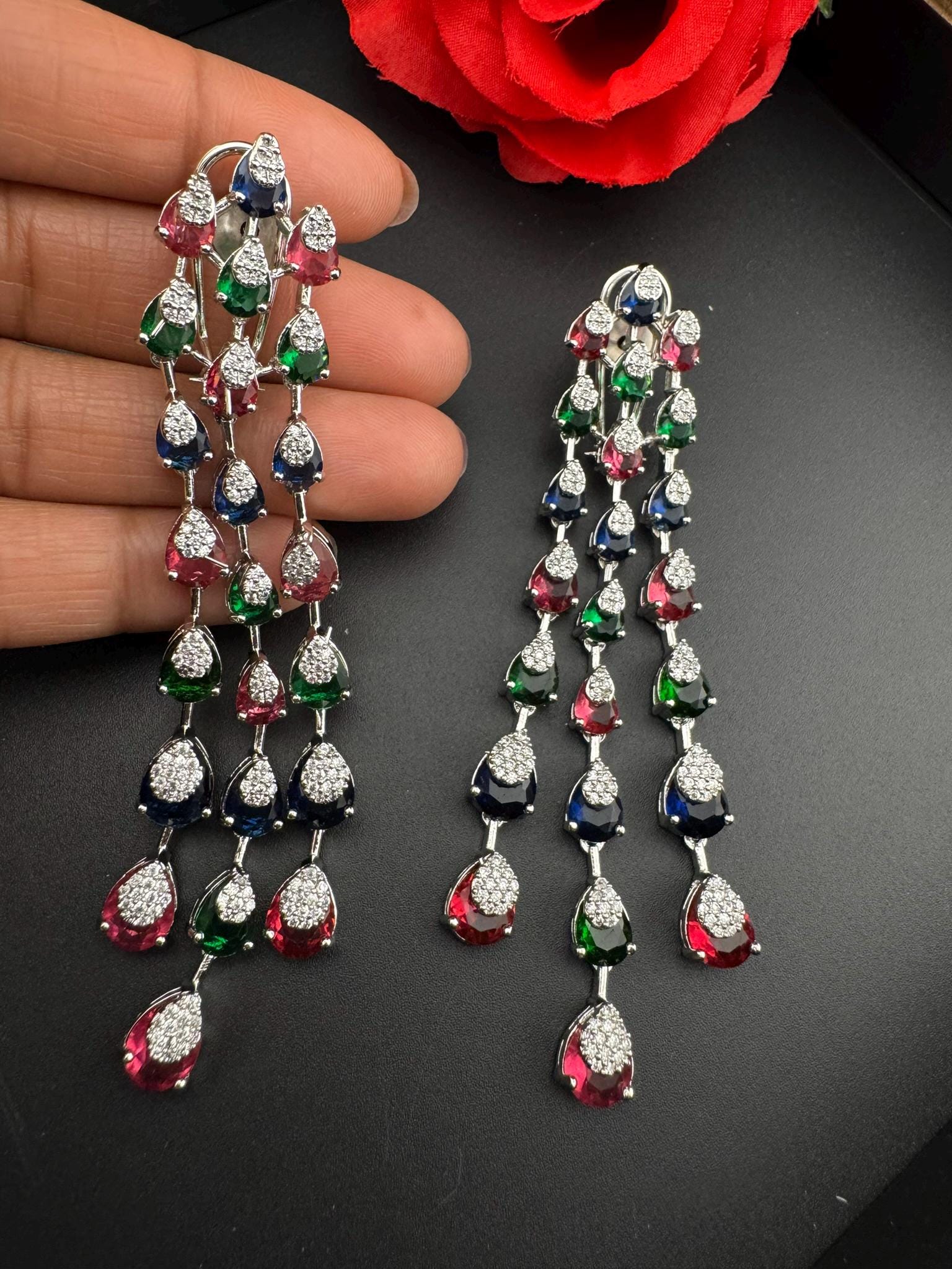 Premium Cubic Zirconia and Crystal stone in multicolor is designer Inspired Statement Long earrings/Partywear bridal/high shine/Statement