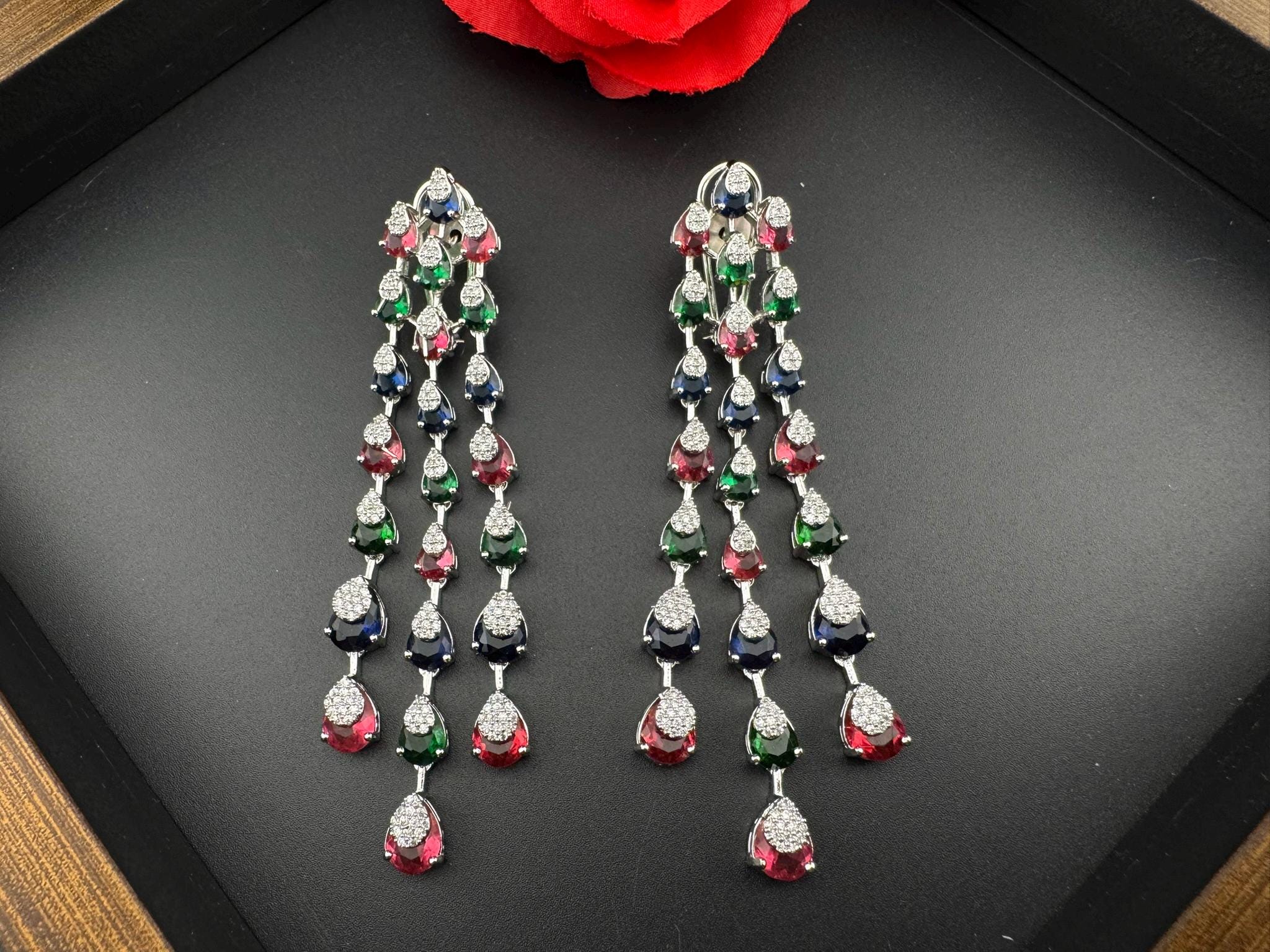 Premium Cubic Zirconia and Crystal stone in multicolor Statement Long earrings