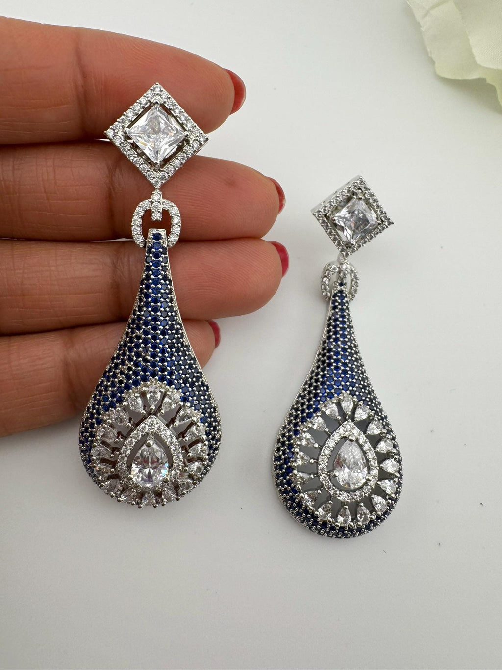 Blue Premium Nano Setting Cubic Zirconia Long Drop earrings with Clear crystal stones