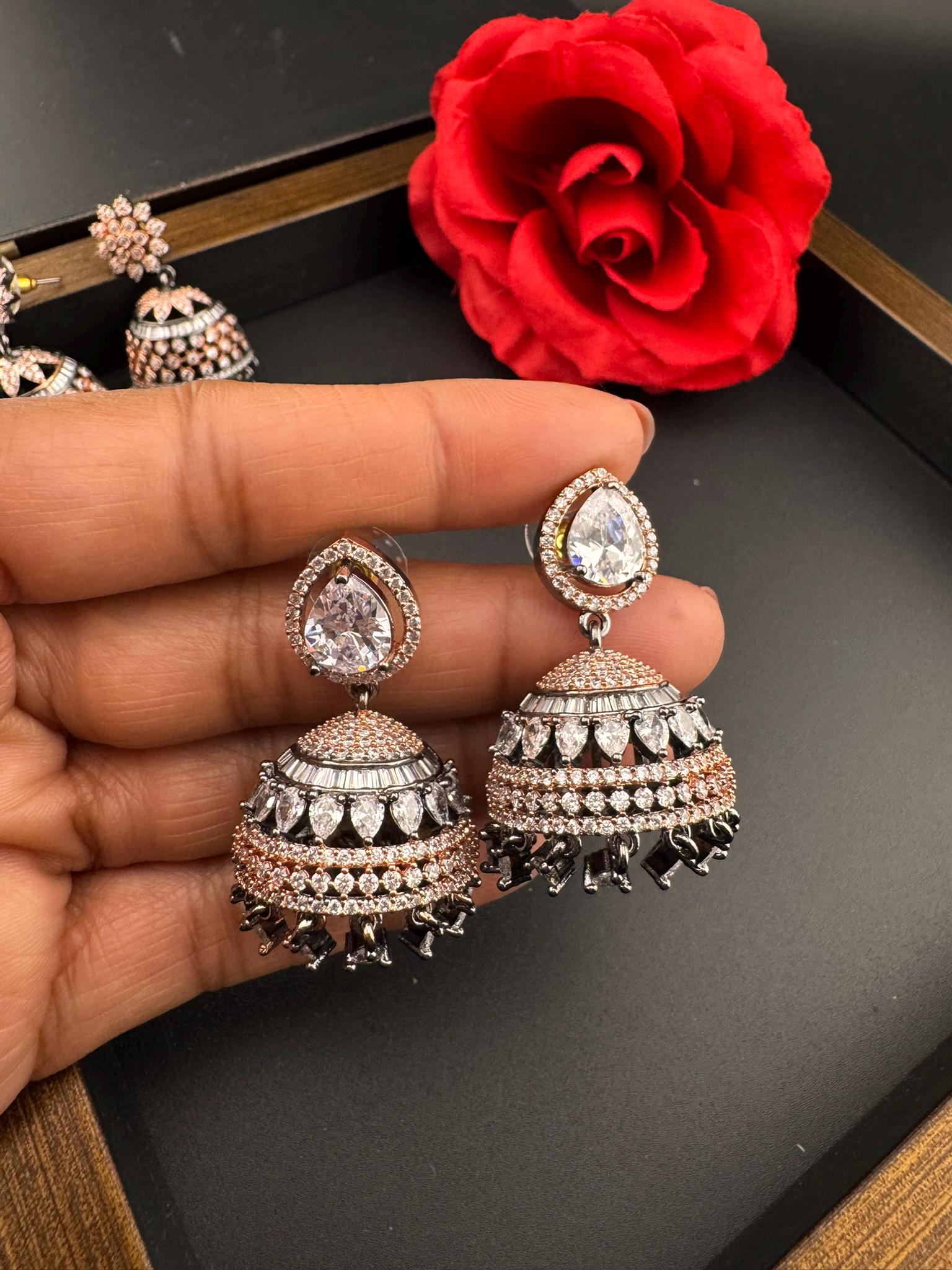 Premium Cubic Zirconia in unique setting Rose Gold color is Victorian designer Statement Jhumka earrings/Partywear bridal/high shine/Jhumki