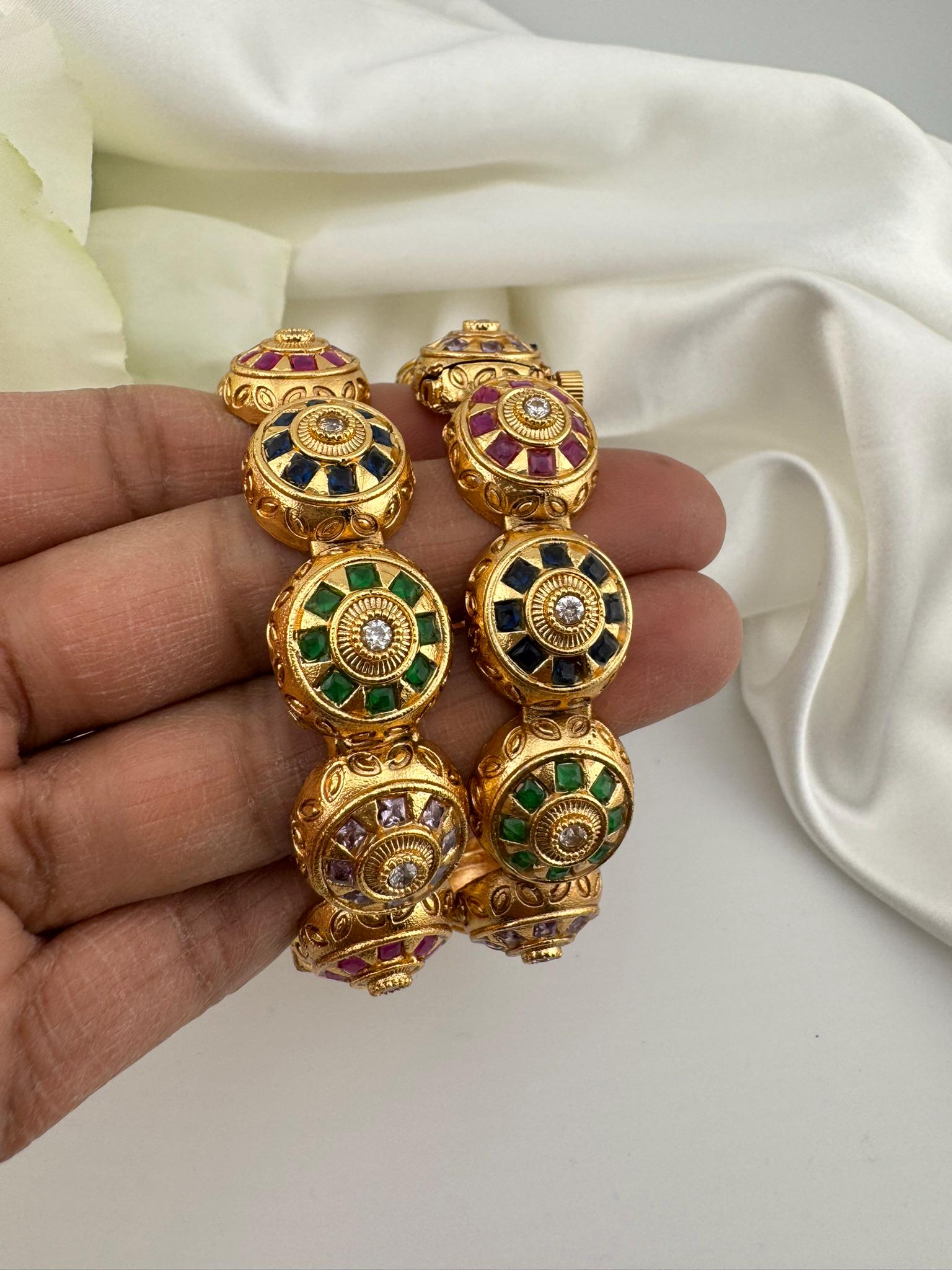 Openable Matt Gold and multicolor stones is Amrapali inspired Designer bangles set/Indian Kada set/Temple jewelry/Gold Bangle/Rajwadi Bangle