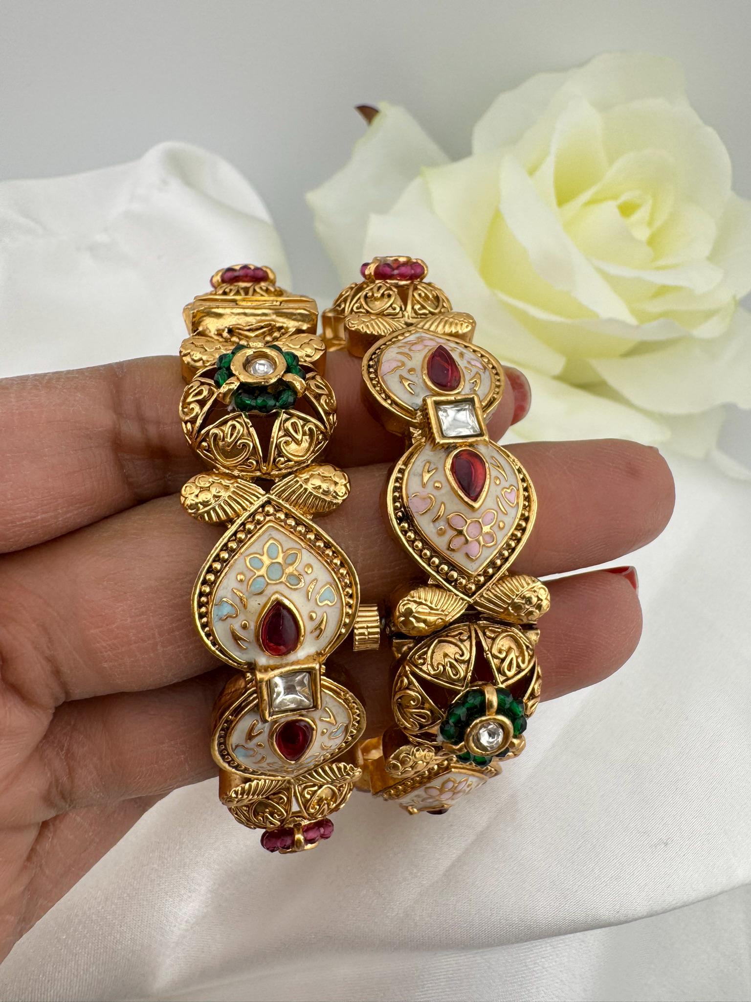 Openable Matt Gold, Enamel, Kundan kada is Amrapali inspired Designer bangles set/Indian Kada/Temple jewelry/Fits upto 2.6/Rajwadi Bangle