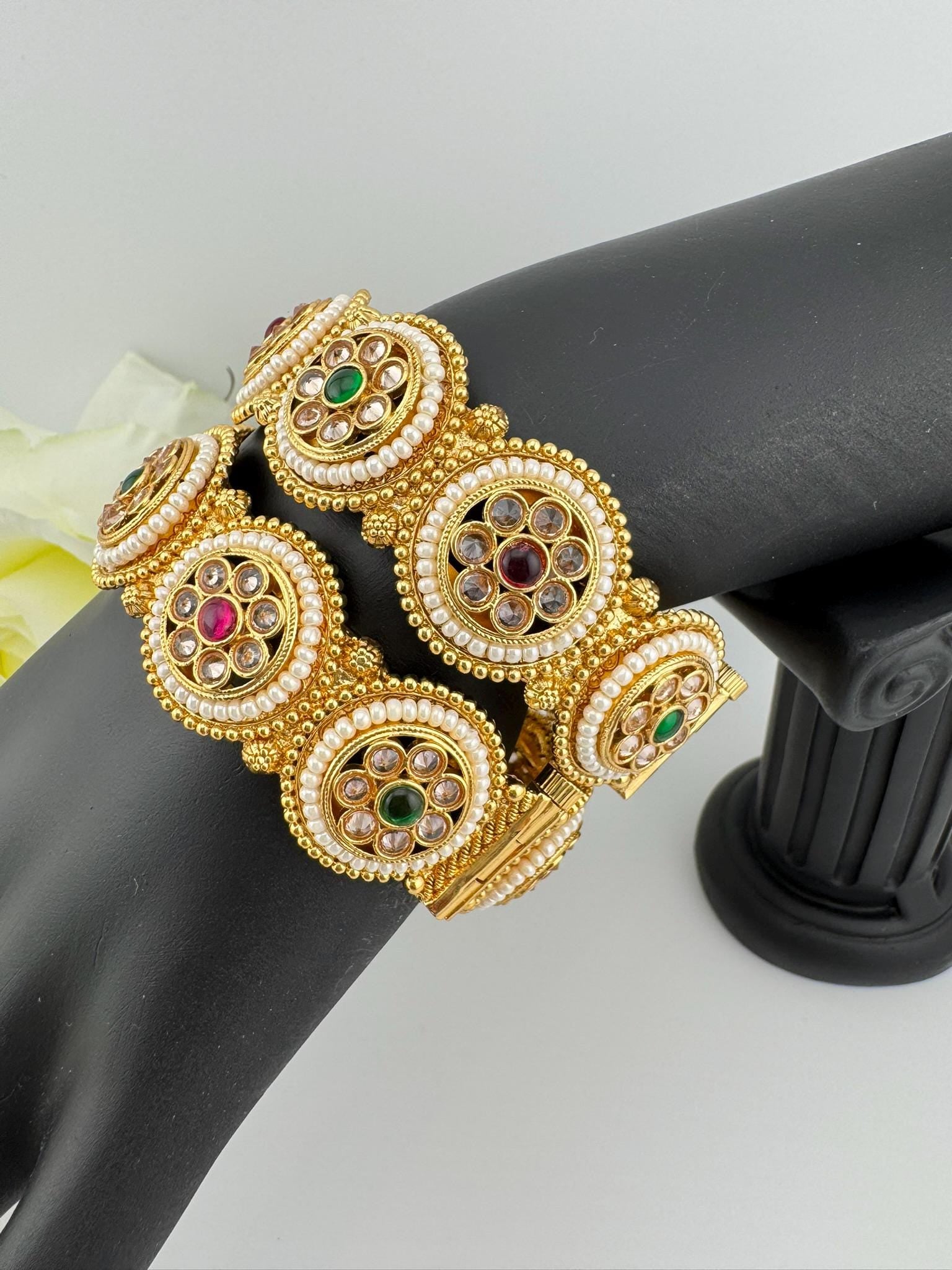 Amrapali inspired Designer Openable bangles in Matt Gold and multicolor stones