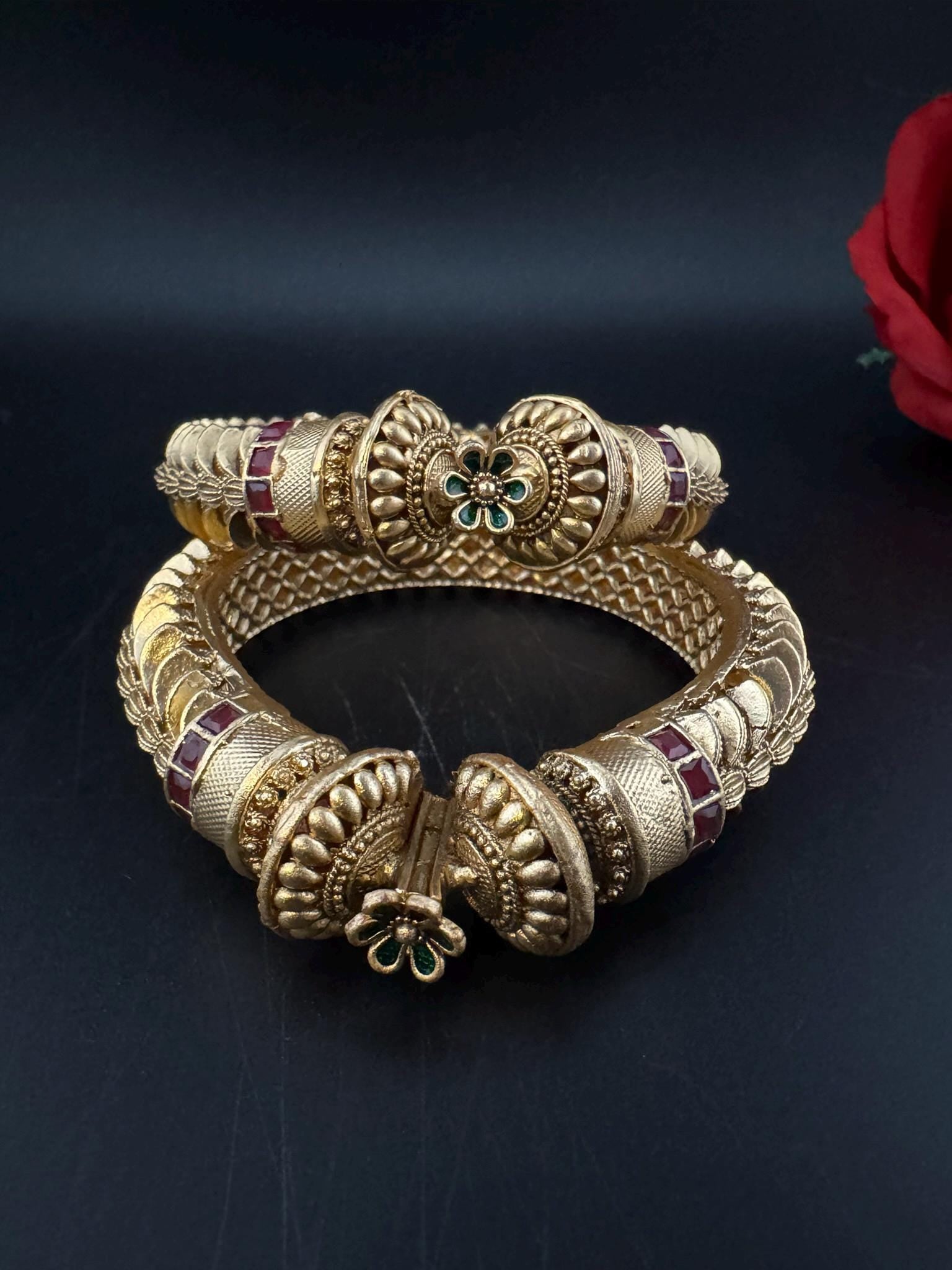 Openable Matt Gold and stones is Amrapali inspired Designer bangles set/Indian Kada set/Temple jewelry/Gold Bangles/Rajwadi Bangle