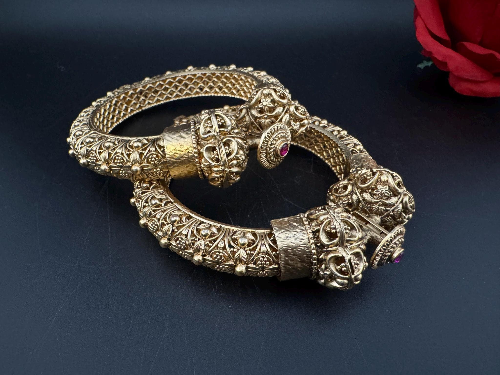 Amrapali inspired Designer Openable bangles in Matt Gold and ruby stones set of 2