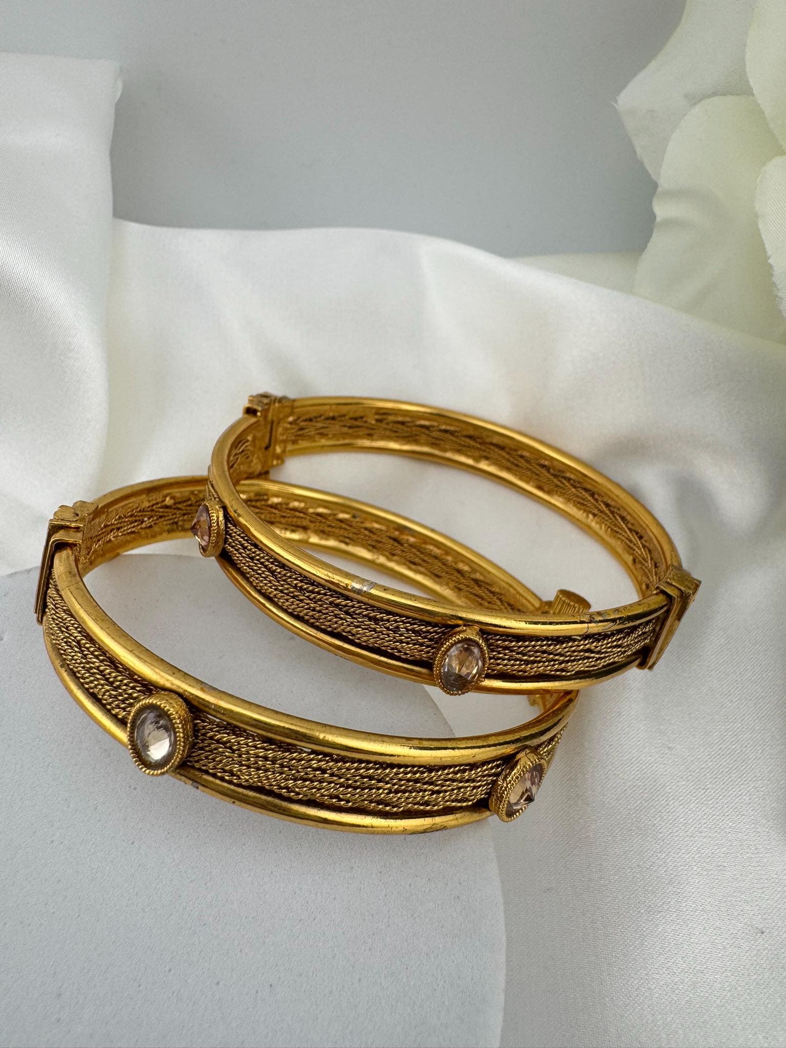 Amrapali inspired Designer Openable bangles in Matt Gold and stones, set of 2