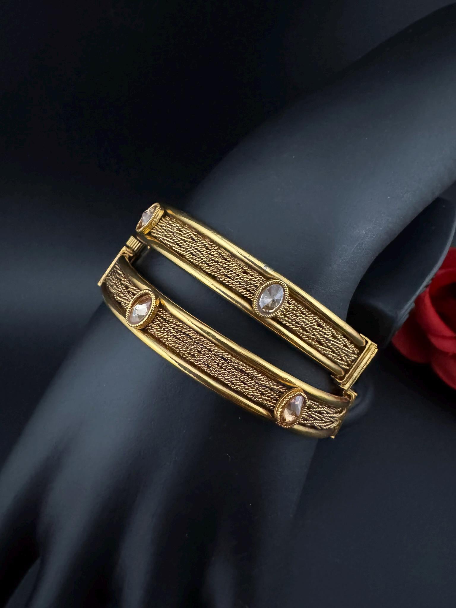 Amrapali inspired Designer Openable bangles in Matt Gold and stones, set of 2