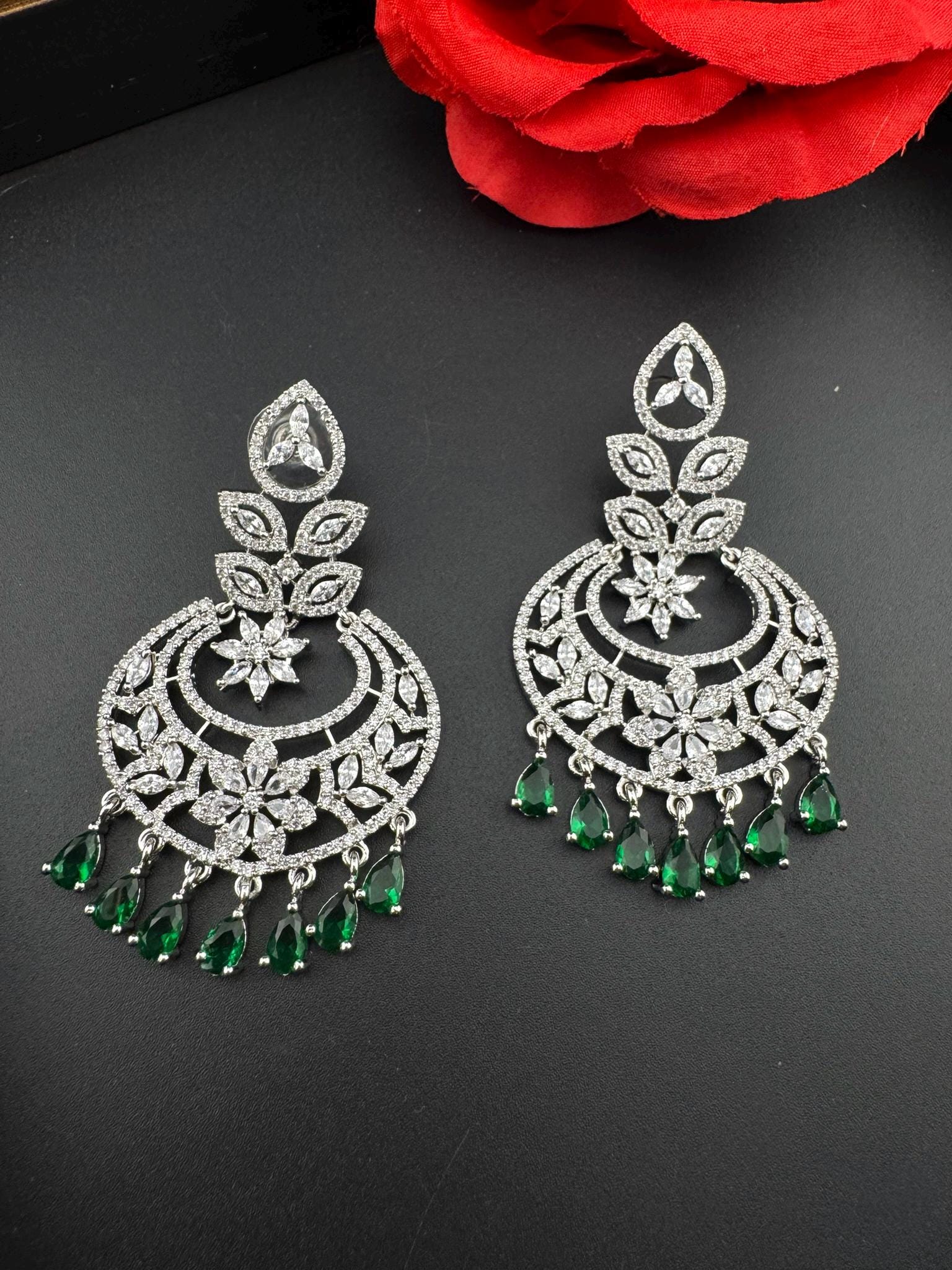 Premium Cubic Zirconia Chandelier chandbali earrings in Crystal stones in silver polish, Long earrings
