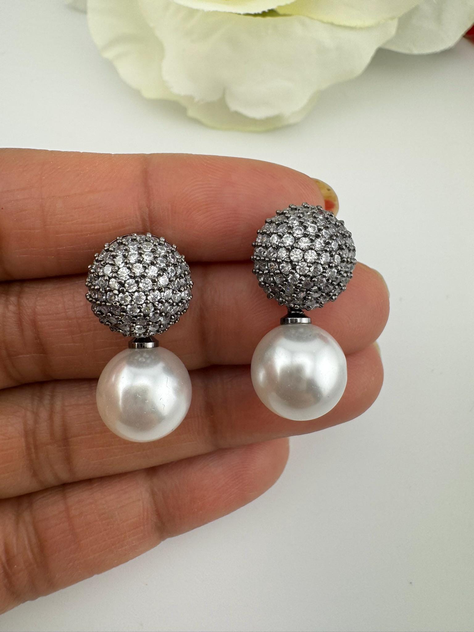 Premium Nano setting Cubic Zirconia and Pearl Victorian Pearl Drop earrings