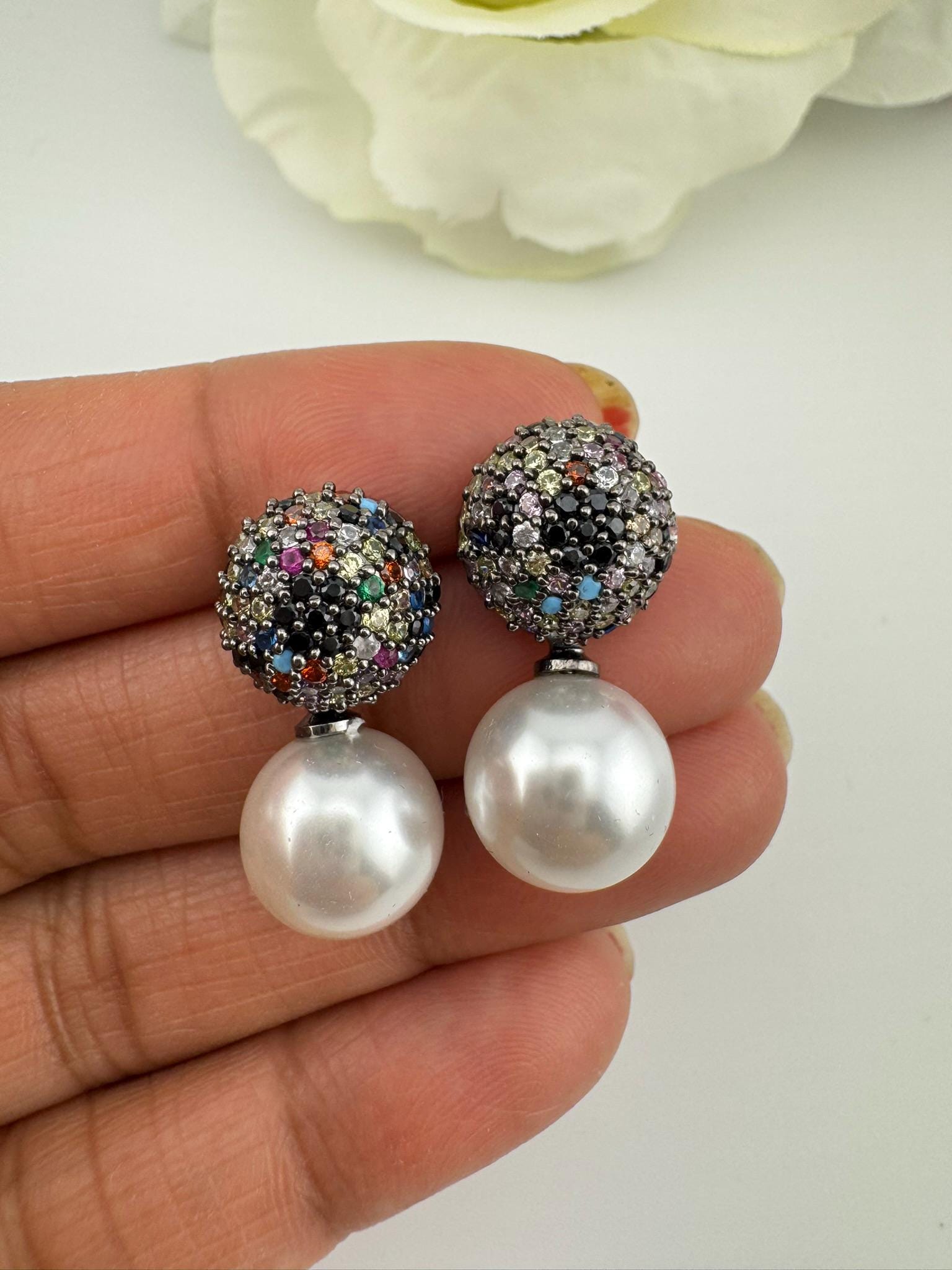 Premium Nano setting Cubic Zirconia and Pearl Victorian Pearl Drop earrings
