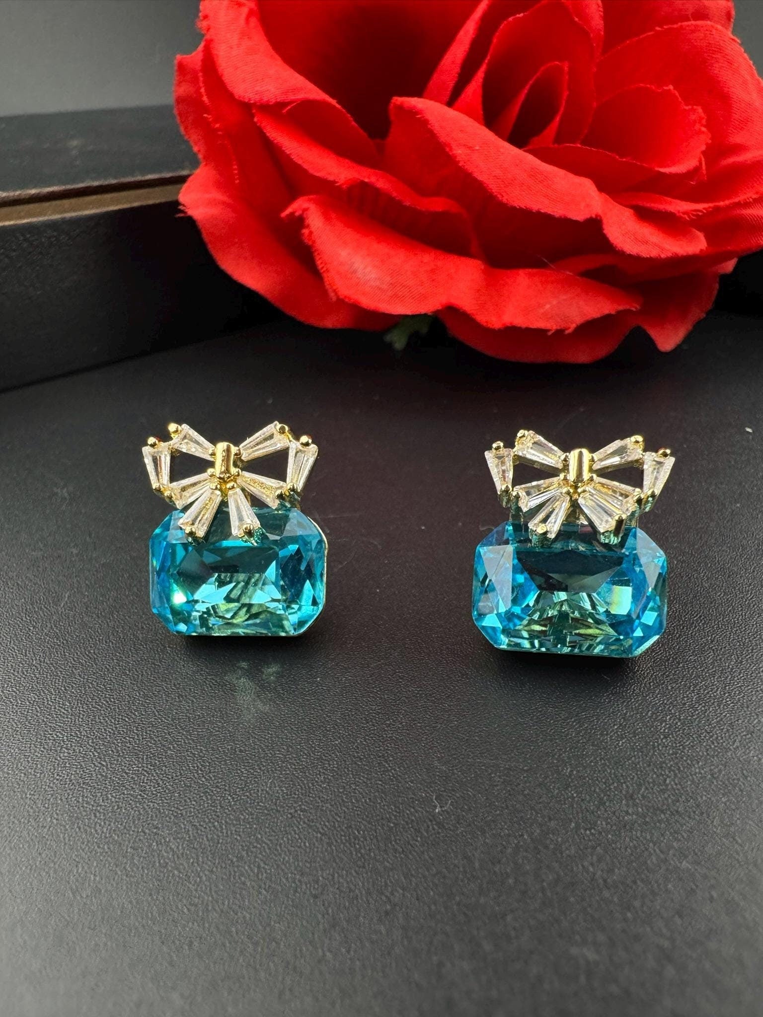 Premium Bow Cubic Zirconia and Crystal stone, gold color, Swarovski Inspired Statement earrings/Partywear earrings/kids jewelry/Small Studs