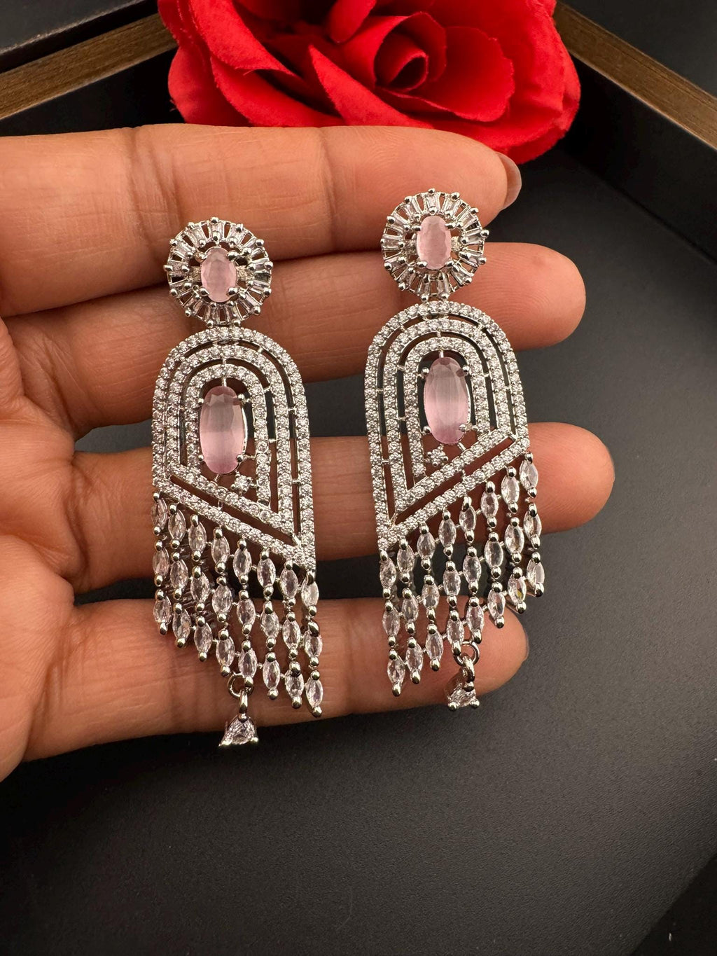 Pink Premium silver color Cubic Zirconia and Natural stone Long earrings